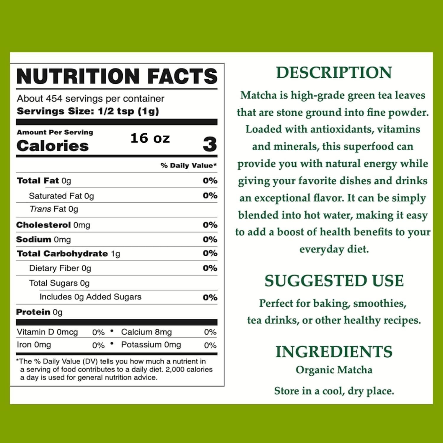 Polvo de Té Verde Matcha Orgánico Cherie Sweet Heart 454g