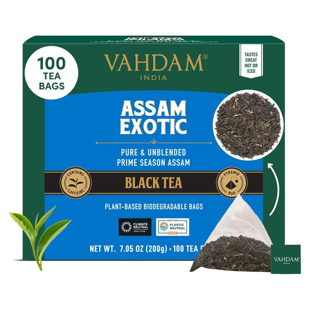 Té Negro Exótico VAHDAM Assam 100 Bolsitas Pirámide Sin Gluten