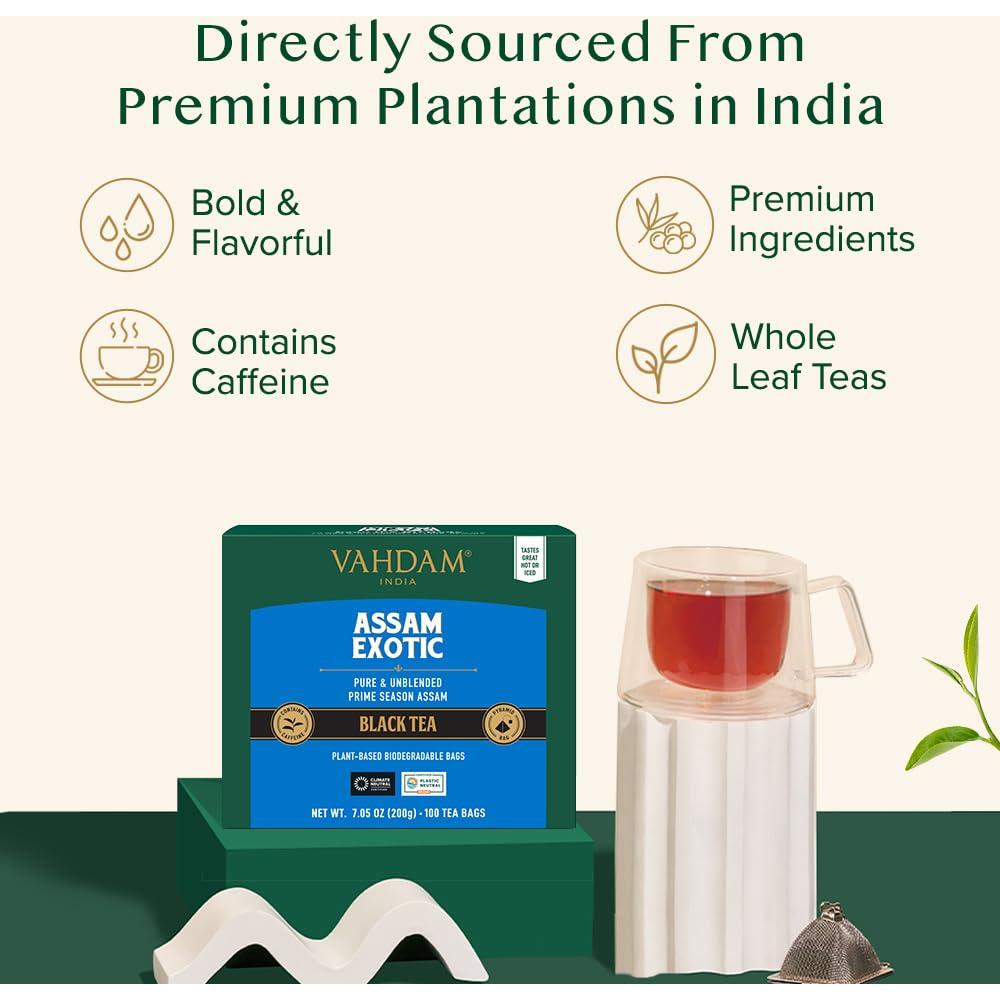 Té Negro Exótico VAHDAM Assam 100 Bolsitas Pirámide Sin Gluten