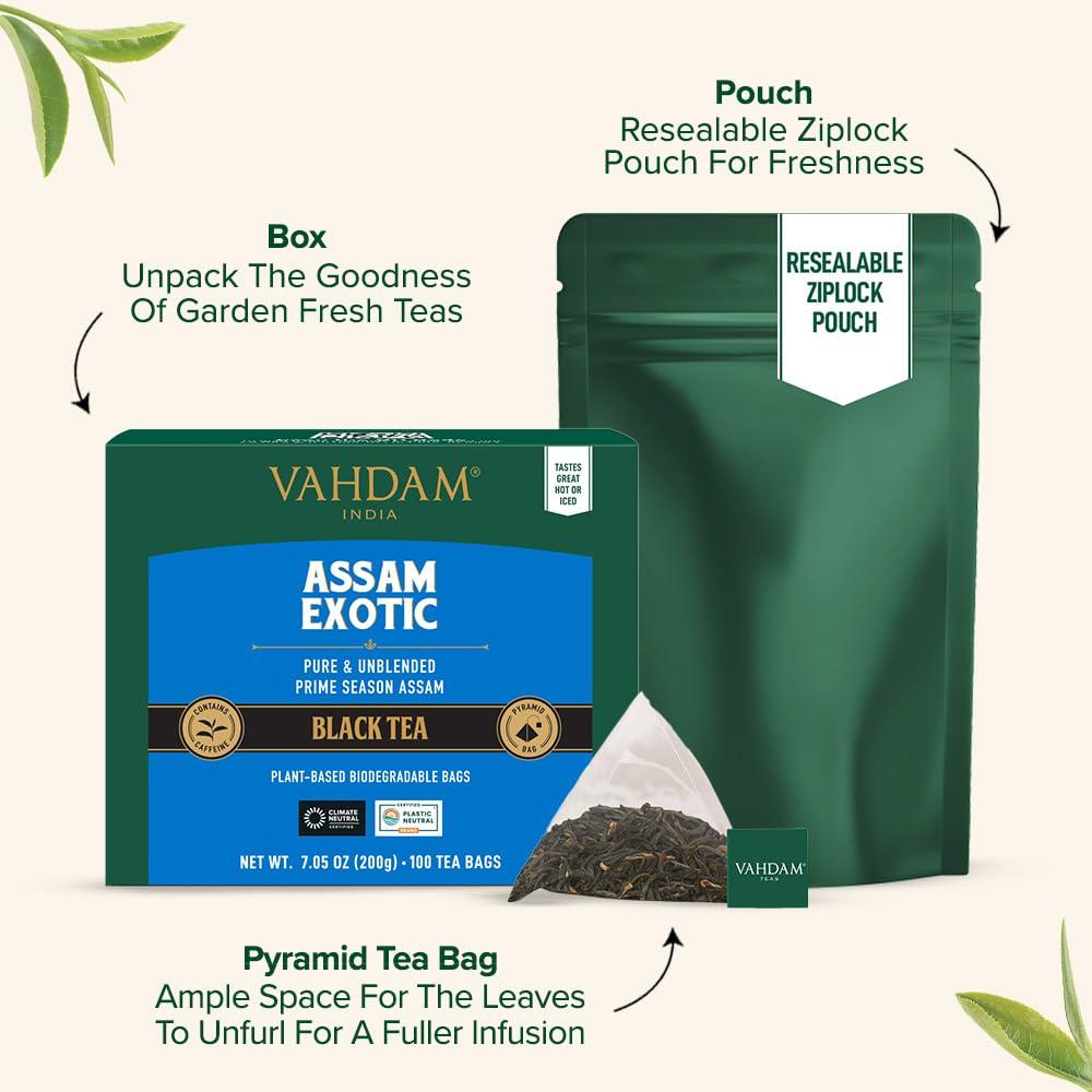 Té Negro Exótico VAHDAM Assam 100 Bolsitas Pirámide Sin Gluten