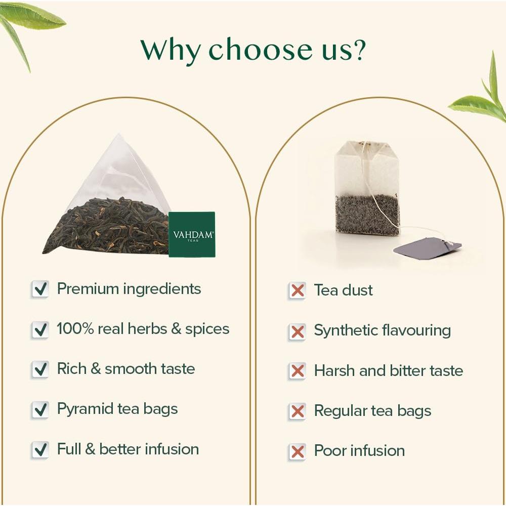 Té Negro Exótico VAHDAM Assam 100 Bolsitas Pirámide Sin Gluten