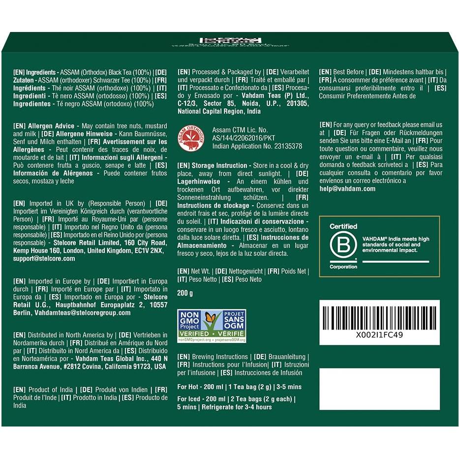 Té Negro Exótico VAHDAM Assam 100 Bolsitas Pirámide Sin Gluten