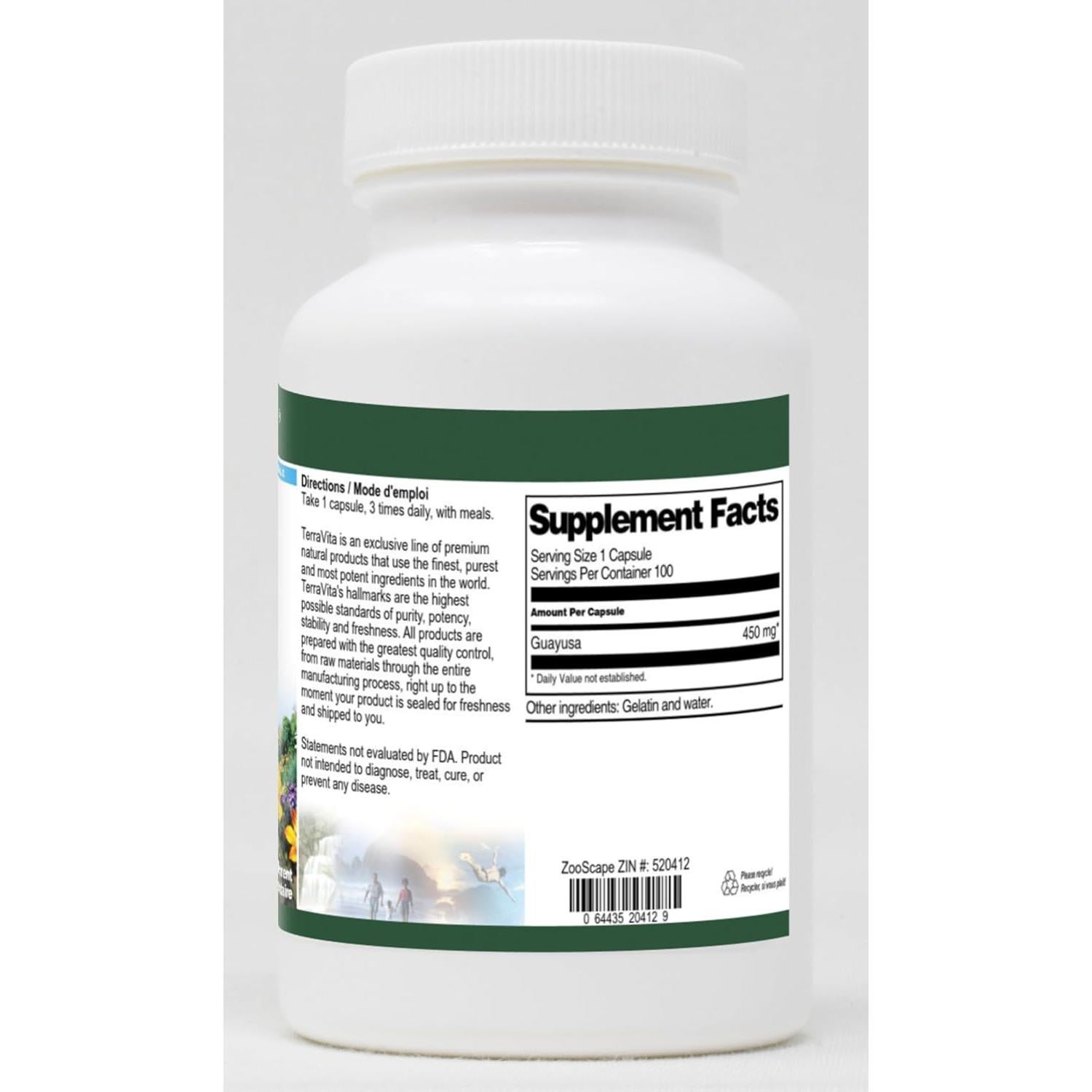 Guayusa 450 mg TerraVita - 100 Cápsulas Sin Rellenos