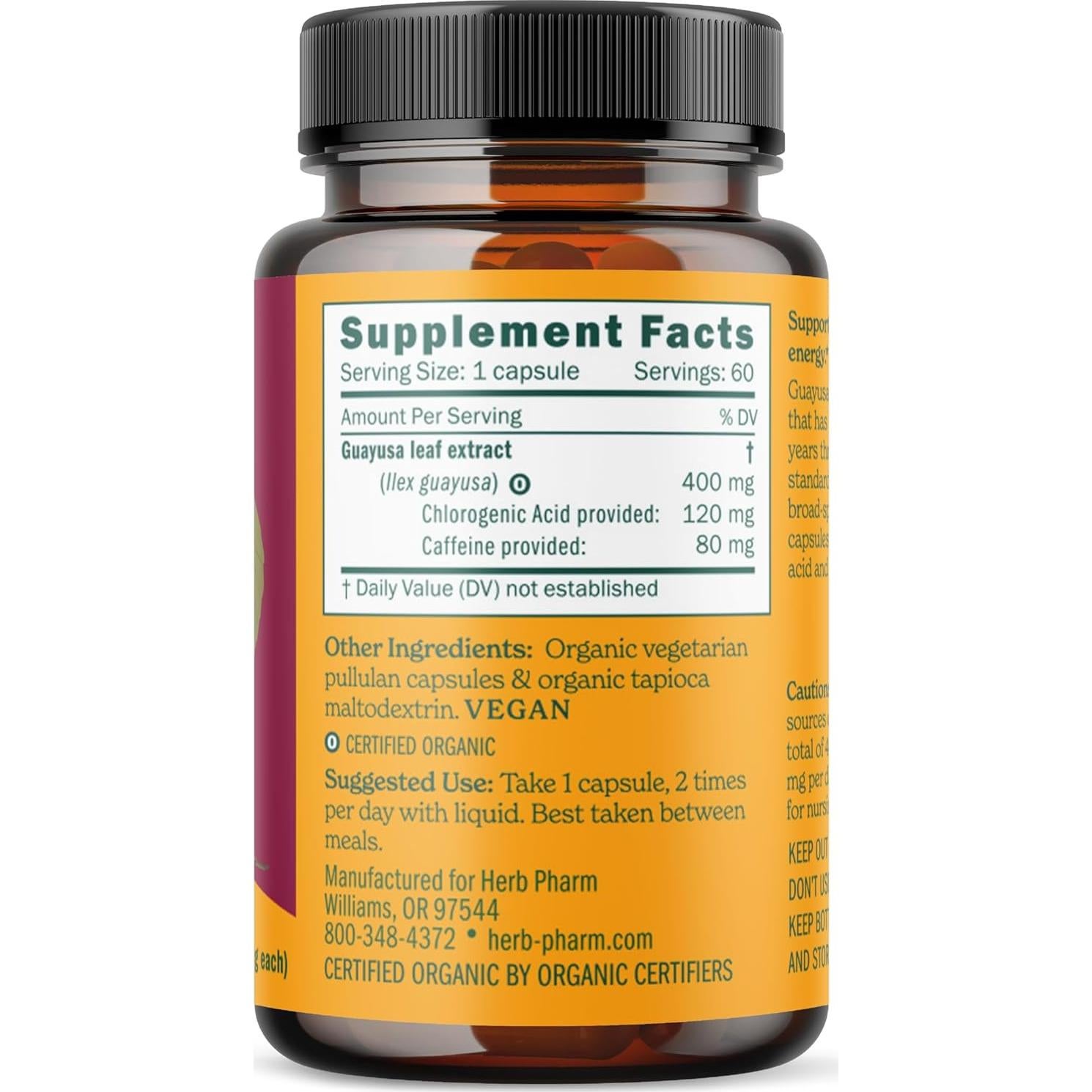 Cápsulas de Guayusa Herb Pharm 60 Veganas 400 mg Energía