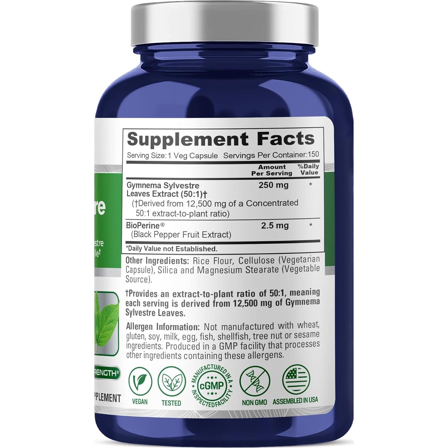 Extracto de Gymnema Sylvestre NusaPure 250 mg 150 cápsulas veganas