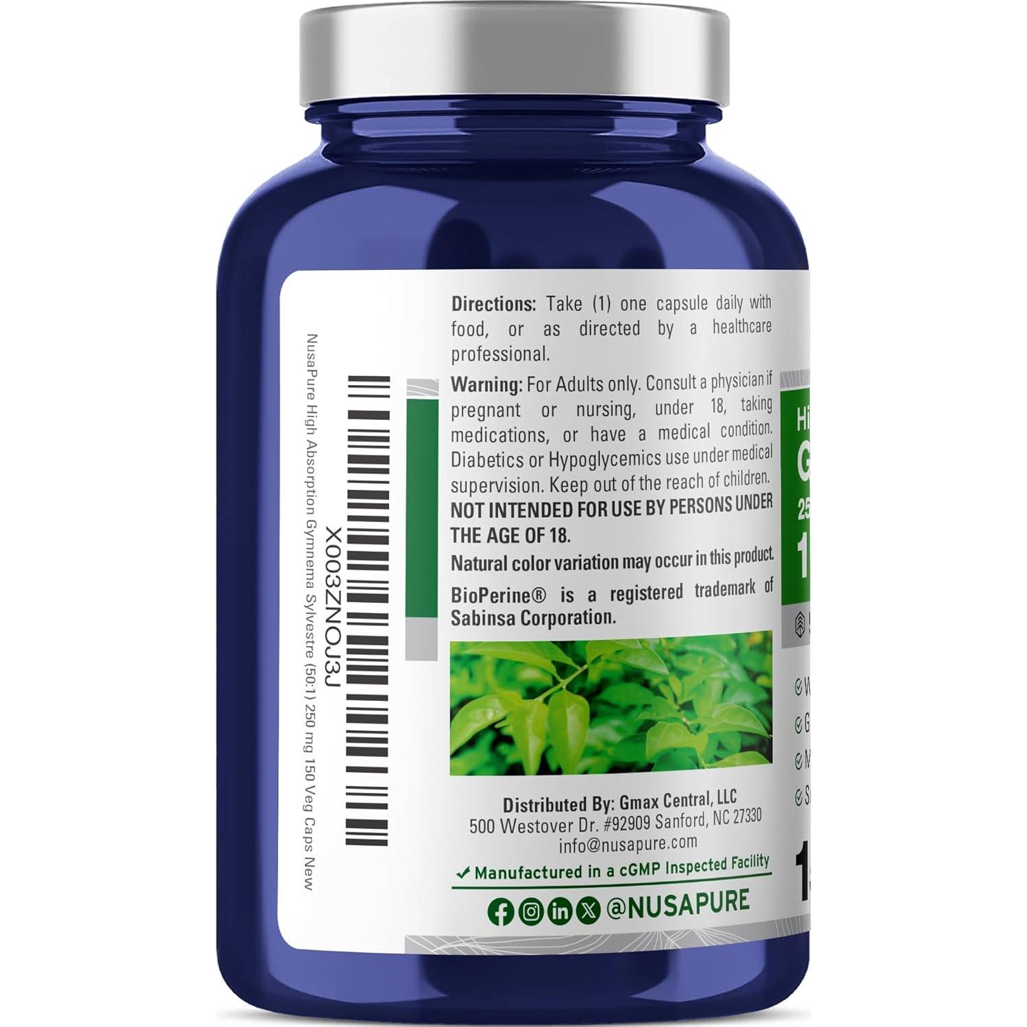 Extracto de Gymnema Sylvestre NusaPure 250 mg 150 cápsulas veganas