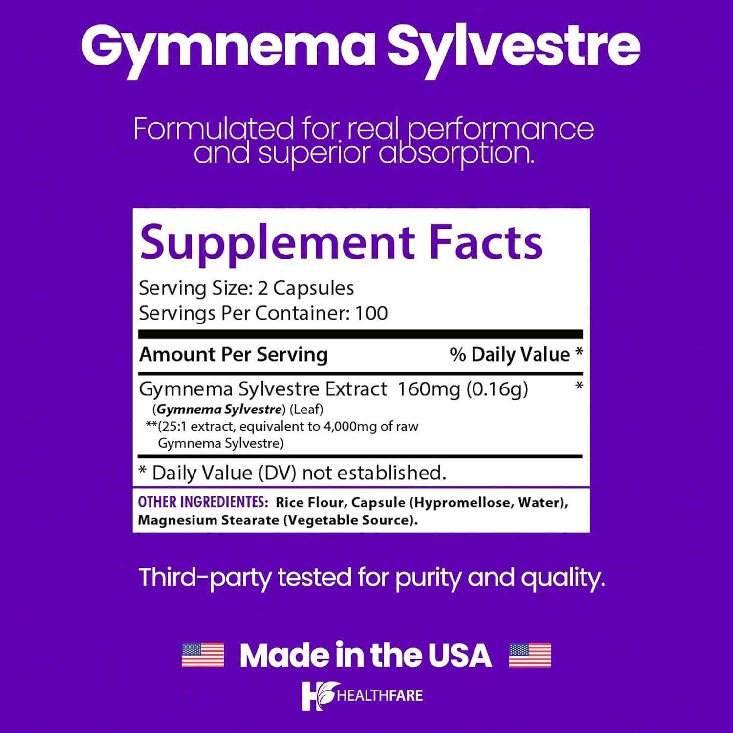 Suplemento Vegano Extracto de Gymnema Sylvestre HealthFare 4000mg - 200 Cápsulas