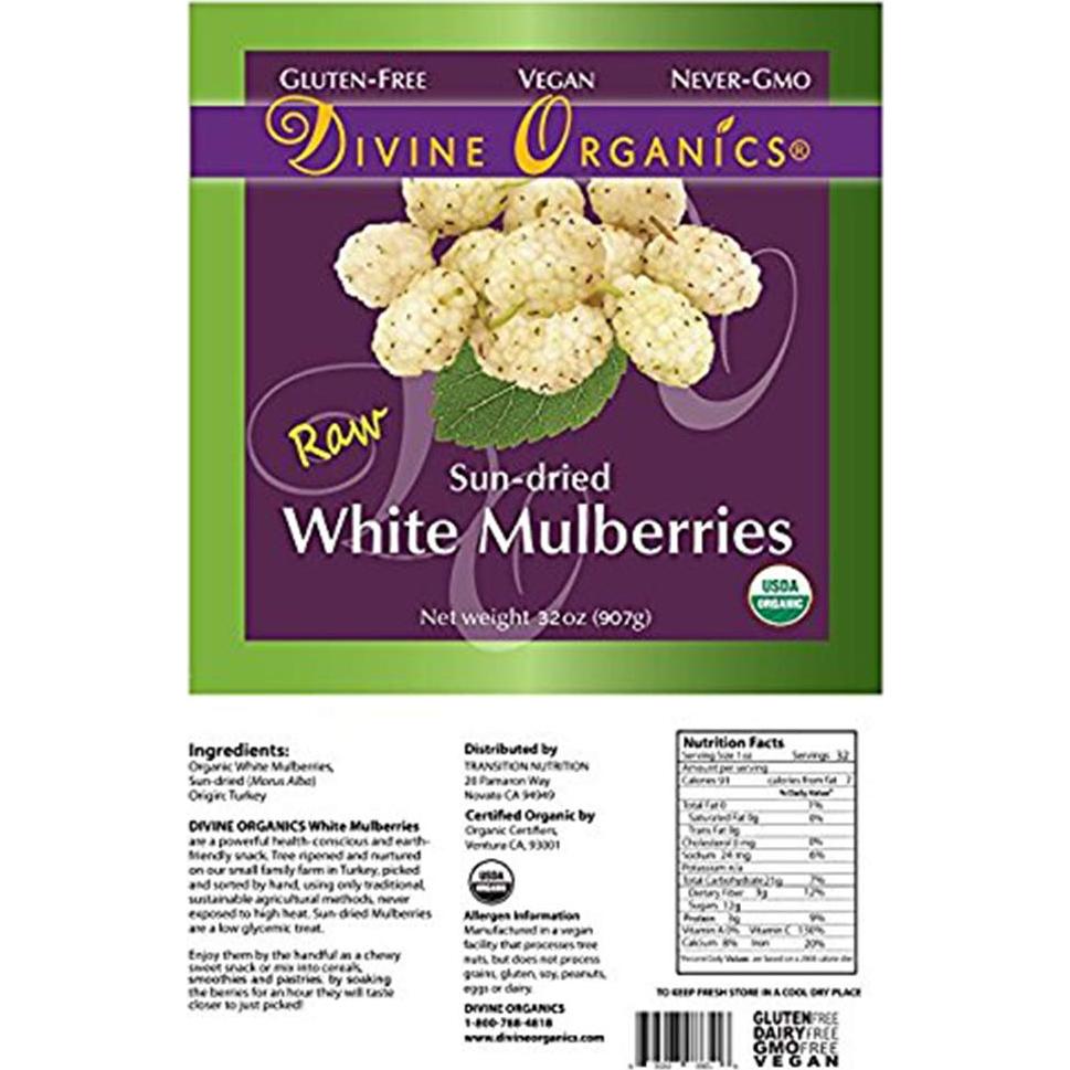 Moras Blancas Orgánicas Crudas Secadas al Sol 907g Divine Organics