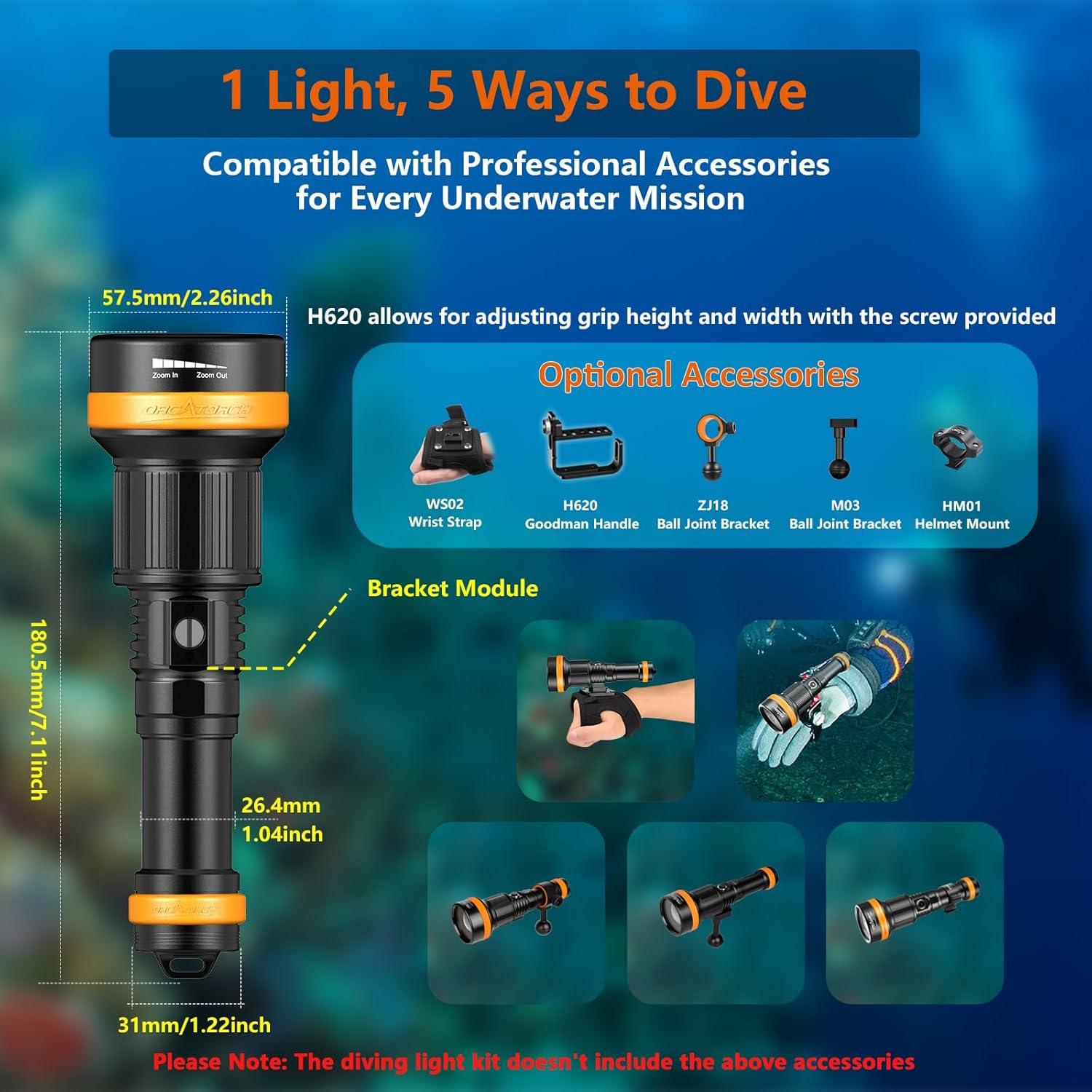 Linterna de Buceo OrcaTorch ZD710 MK2 Zoomable IP68 920m