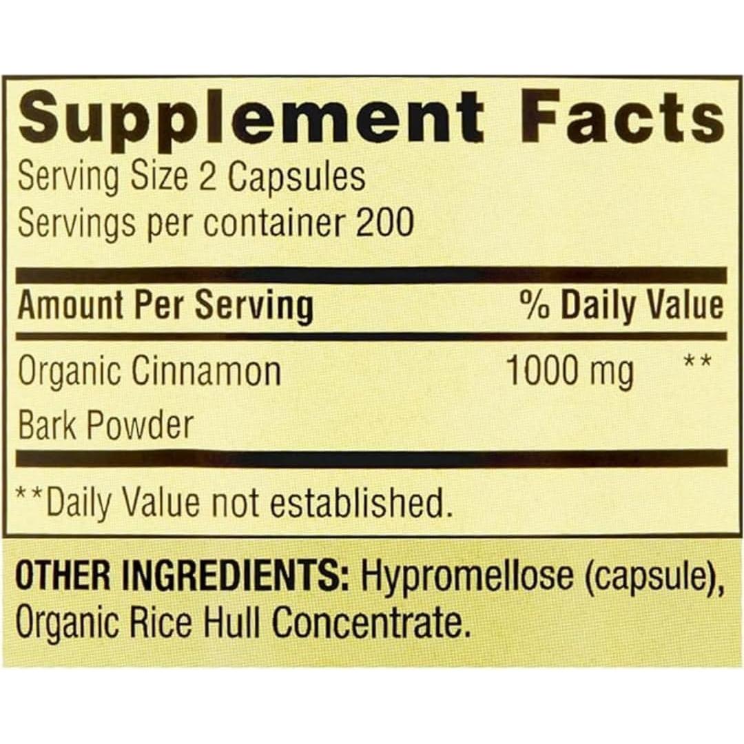 Suplemento de Canela Spring Valley 1000mg 400 Cápsulas Vegetarianas