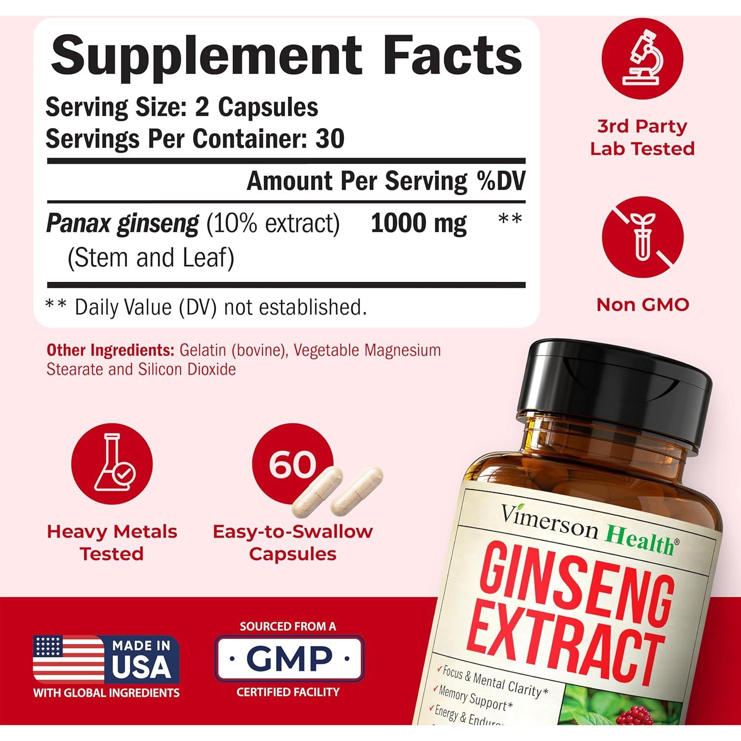 Suplemento de Ginseng Panax 1000mg Vimerson Health - Energía y Enfoque