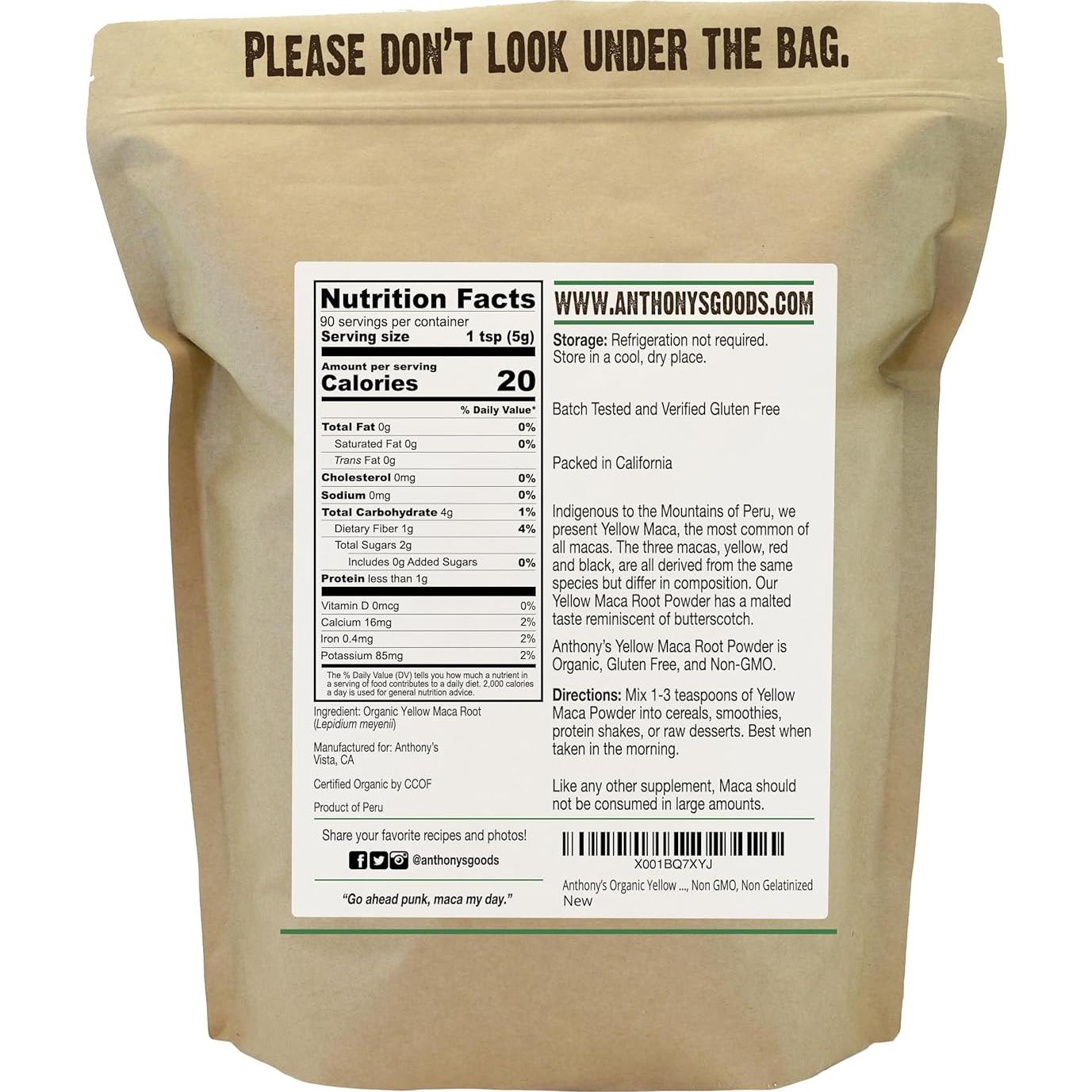 Polvo de Raíz de Maca Amarilla Orgánica Anthony's 0.45 kg