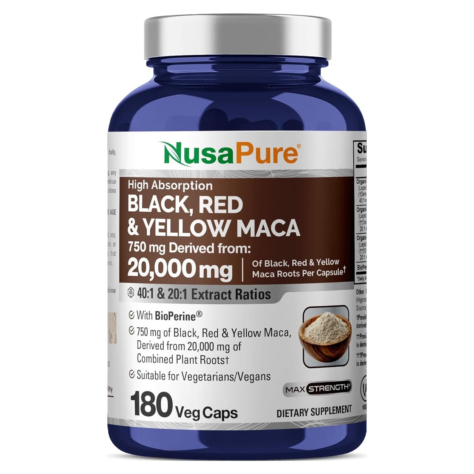 Suplemento de Maca Negra, Roja y Amarilla NusaPure 20,000mg - 180 Cápsulas Veganas