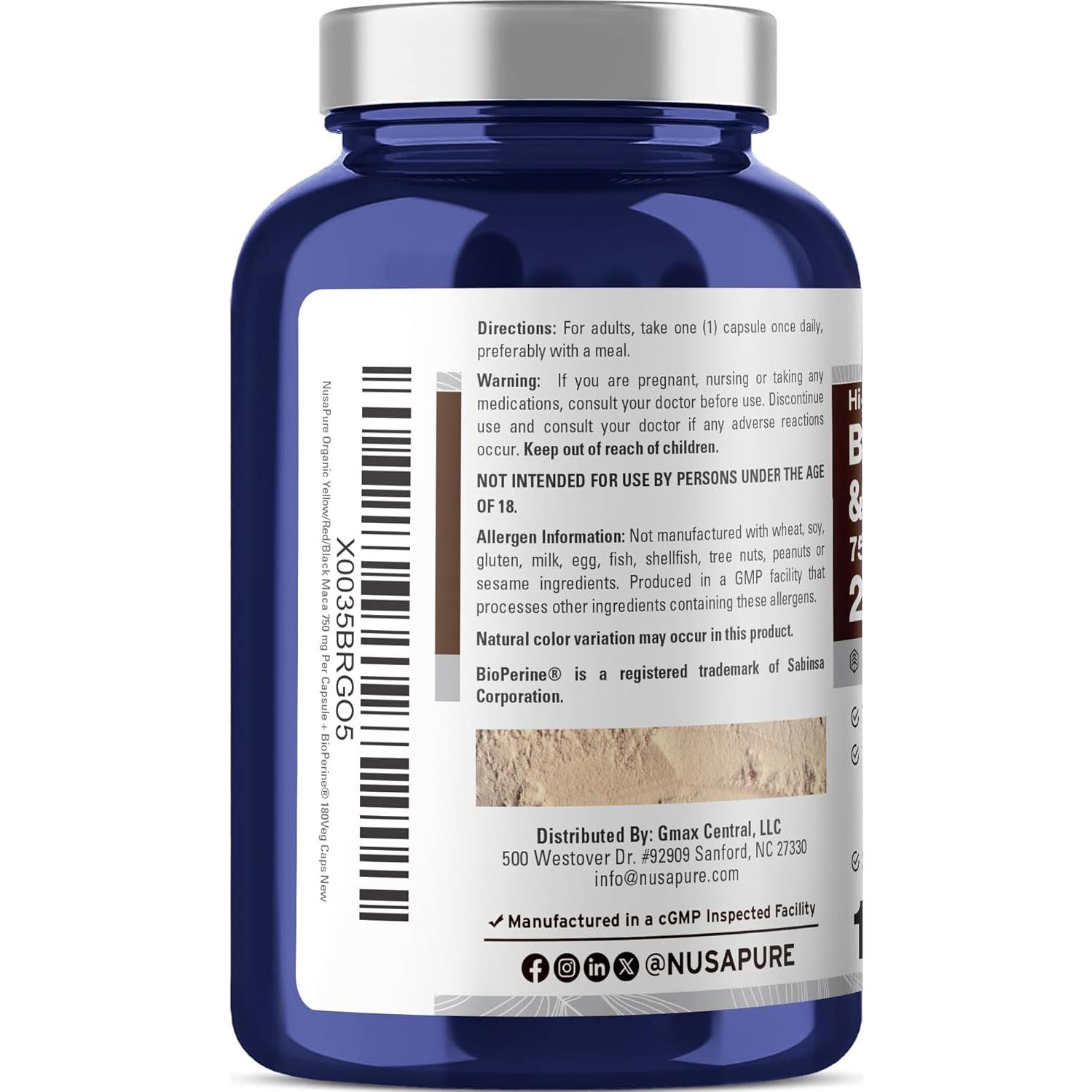 Suplemento de Maca Negra, Roja y Amarilla NusaPure 20,000mg - 180 Cápsulas Veganas