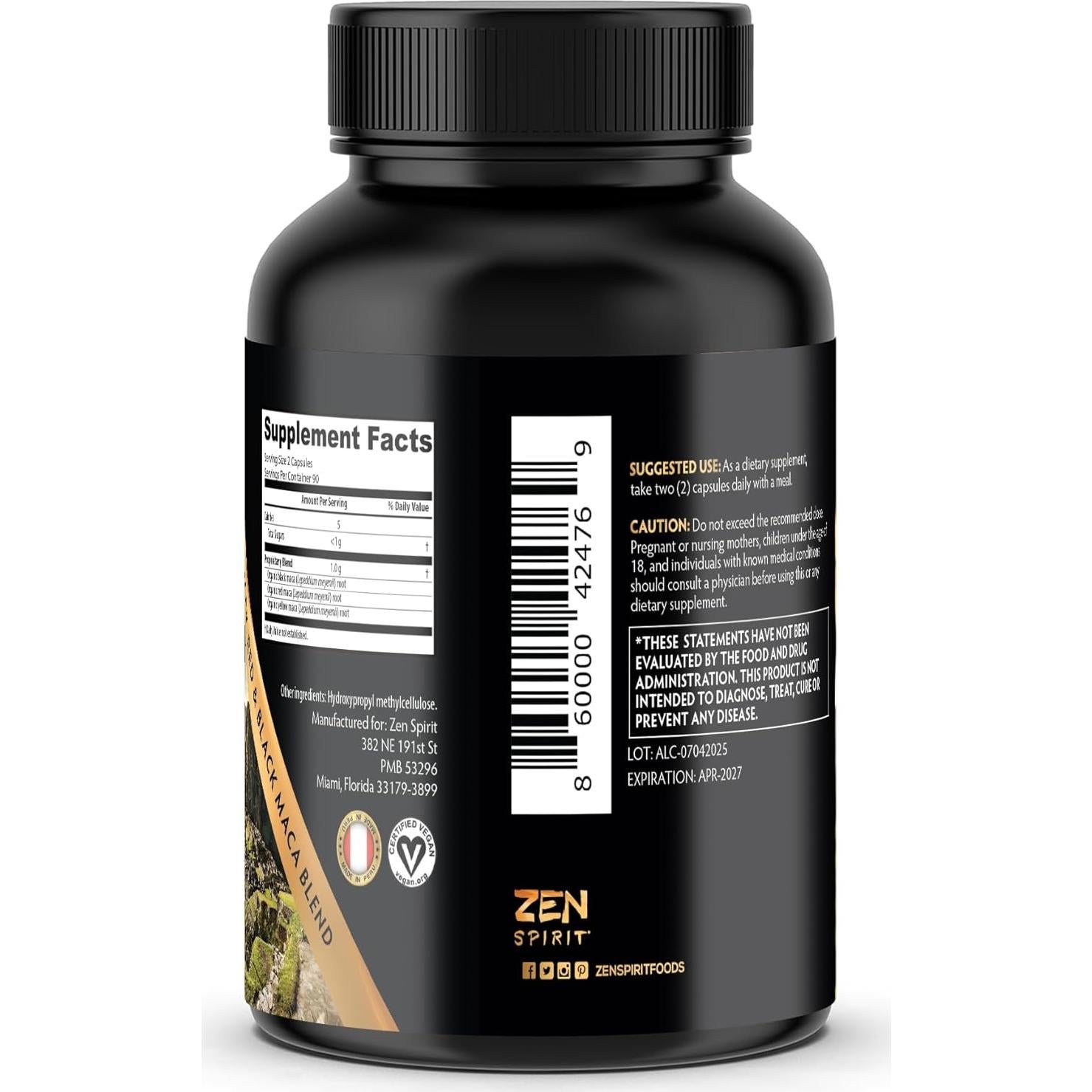 Cápsulas de Maca Zen Spirit 180 Píldoras 500mg Orgánicas