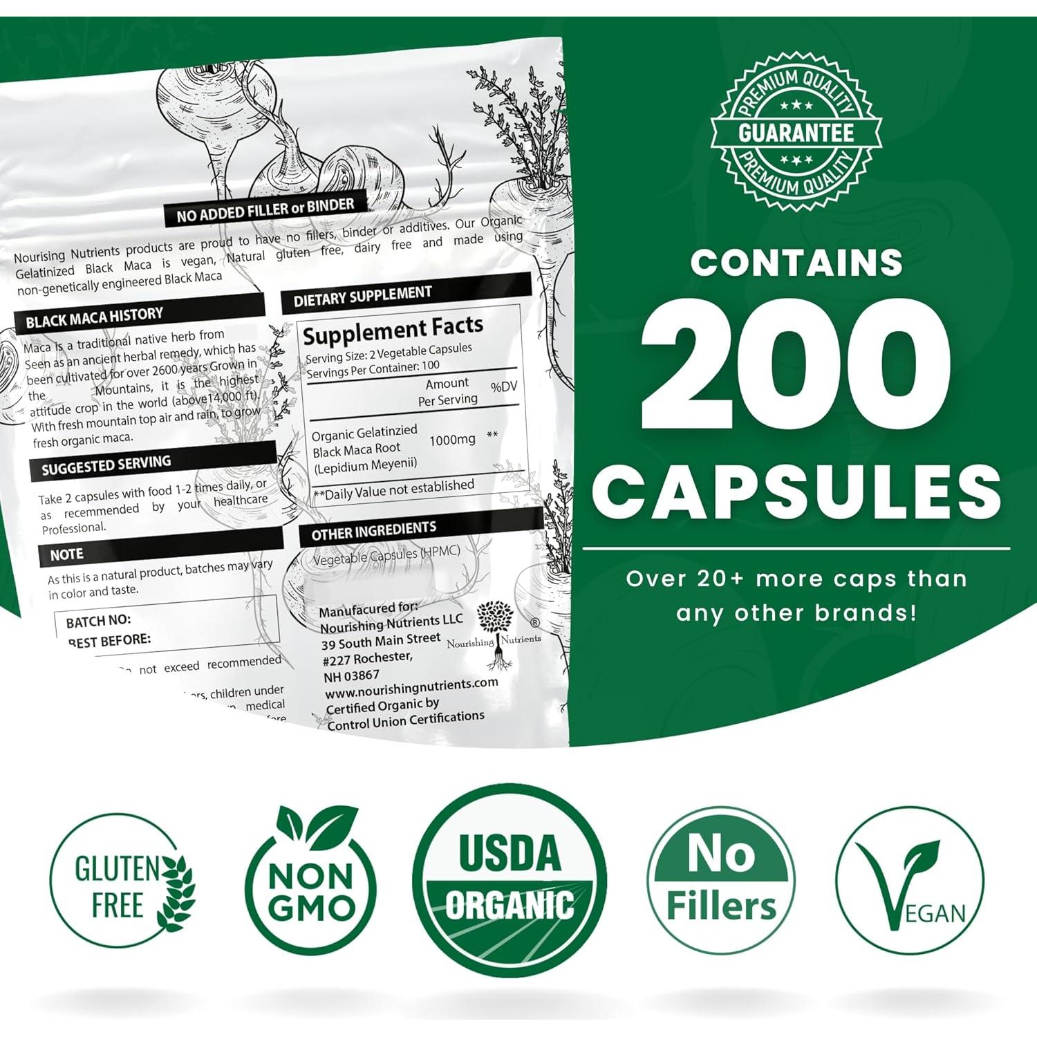 Maca Negra Gelatinizada Orgánica 1000mg - 200 Cápsulas Energía