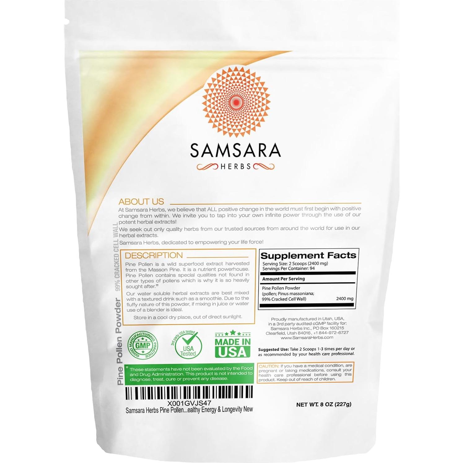 Polvo de Polen de Pino Samsara Herbs 227g Cosechado Silvestre