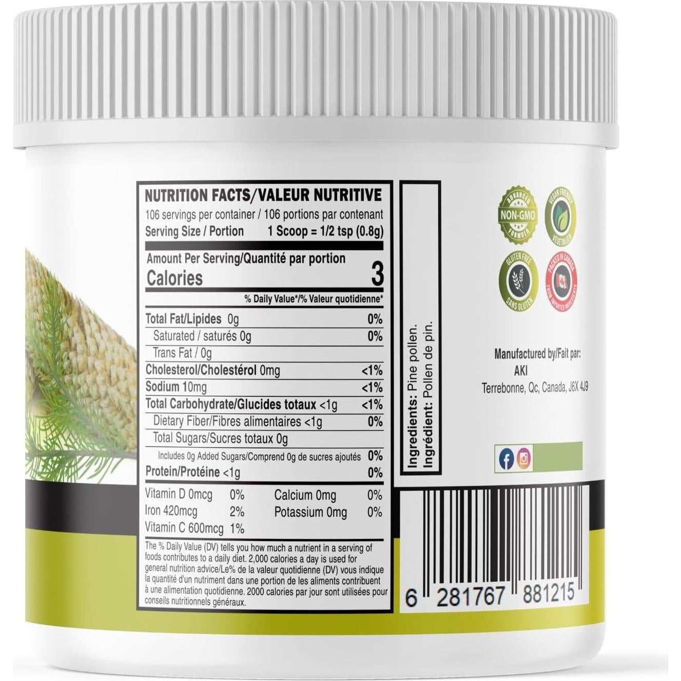 Polvo de Polen de Pino AKI ORGANIC - 140g - Vegano y Sin Gluten