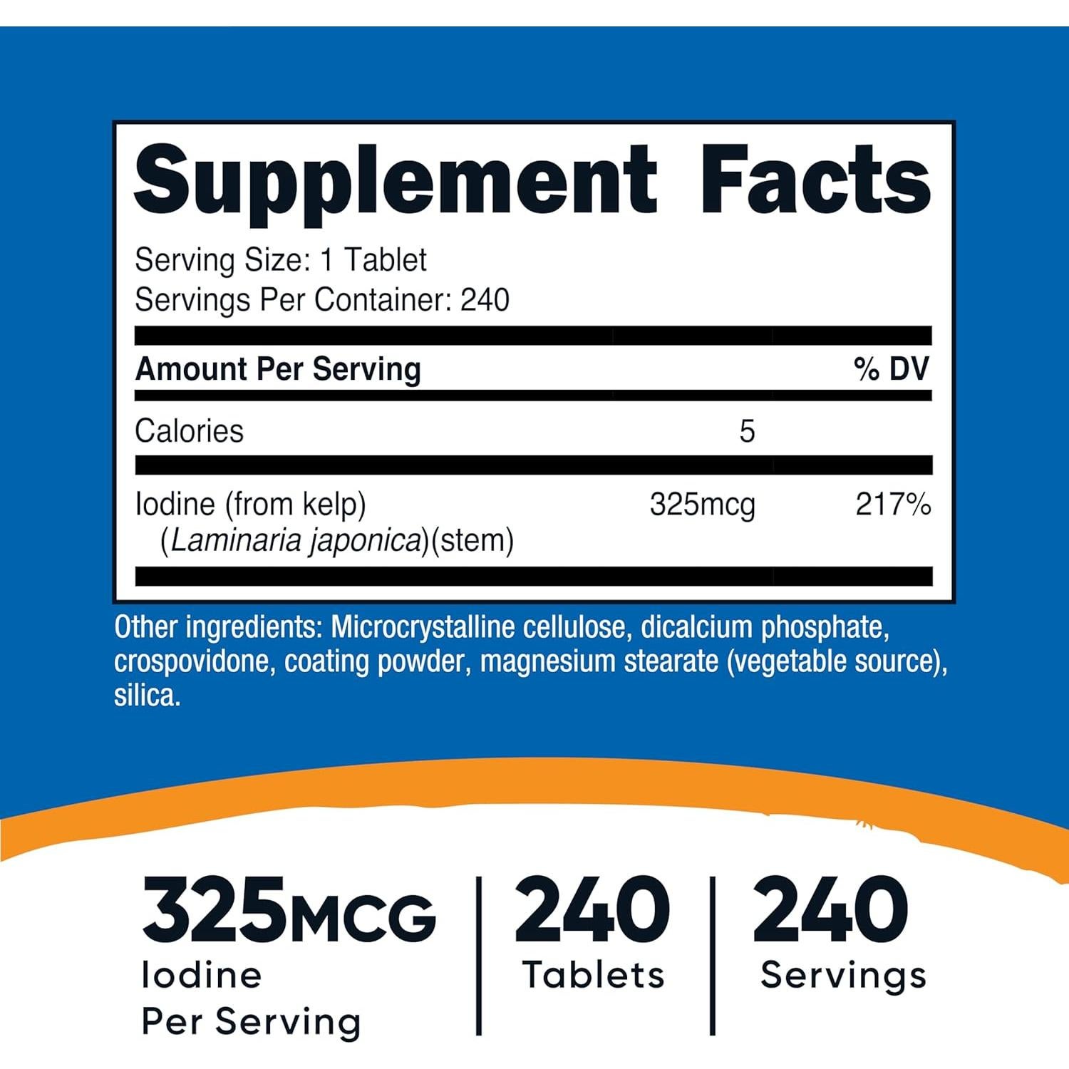 Tabletas de Kelp Nutricost 240 unidades 325mcg Yodo Sin OGM