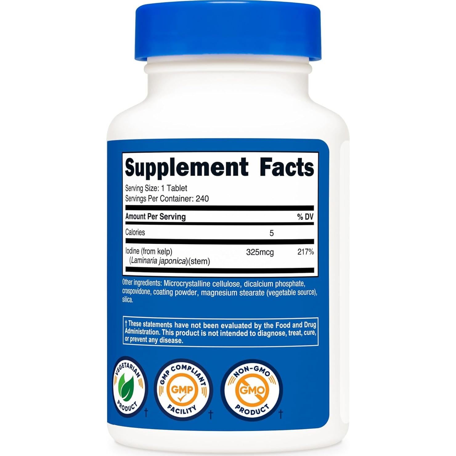 Tabletas de Kelp Nutricost 240 unidades 325mcg Yodo Sin OGM