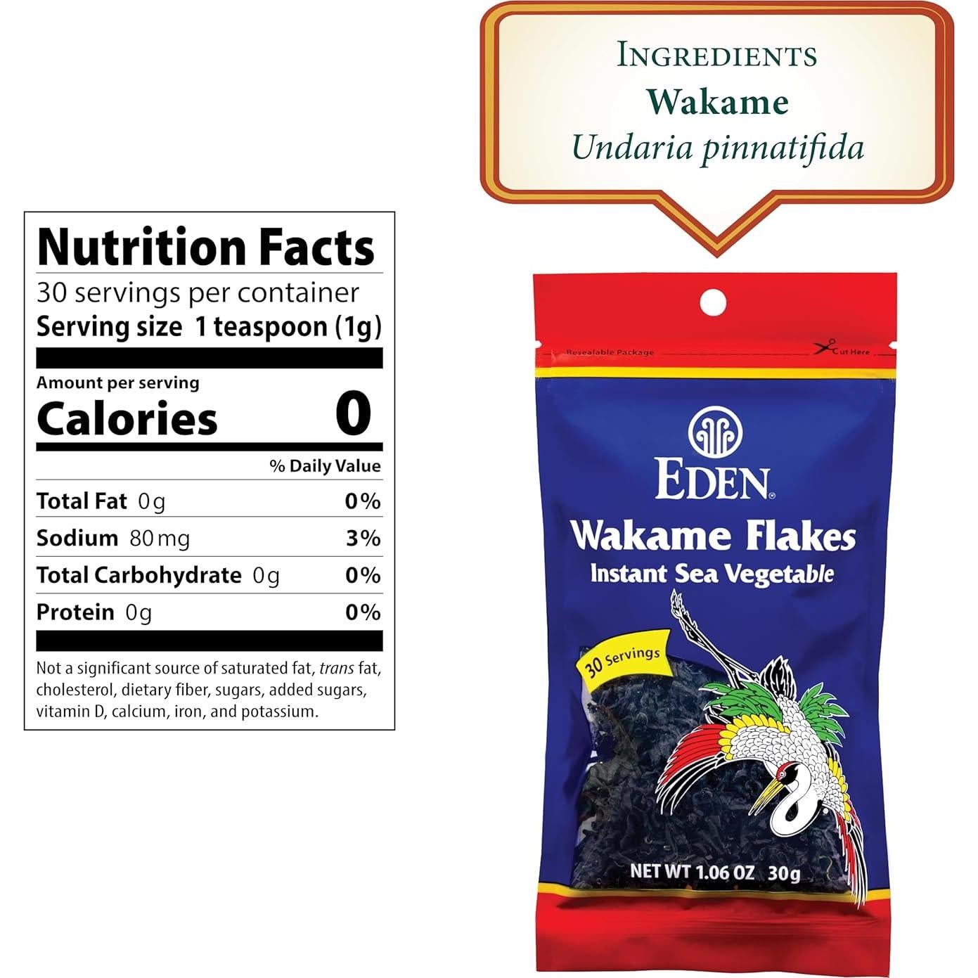 Copos de Wakame Instantáneo Eden, Alga Marina 30g, Sabor Suave
