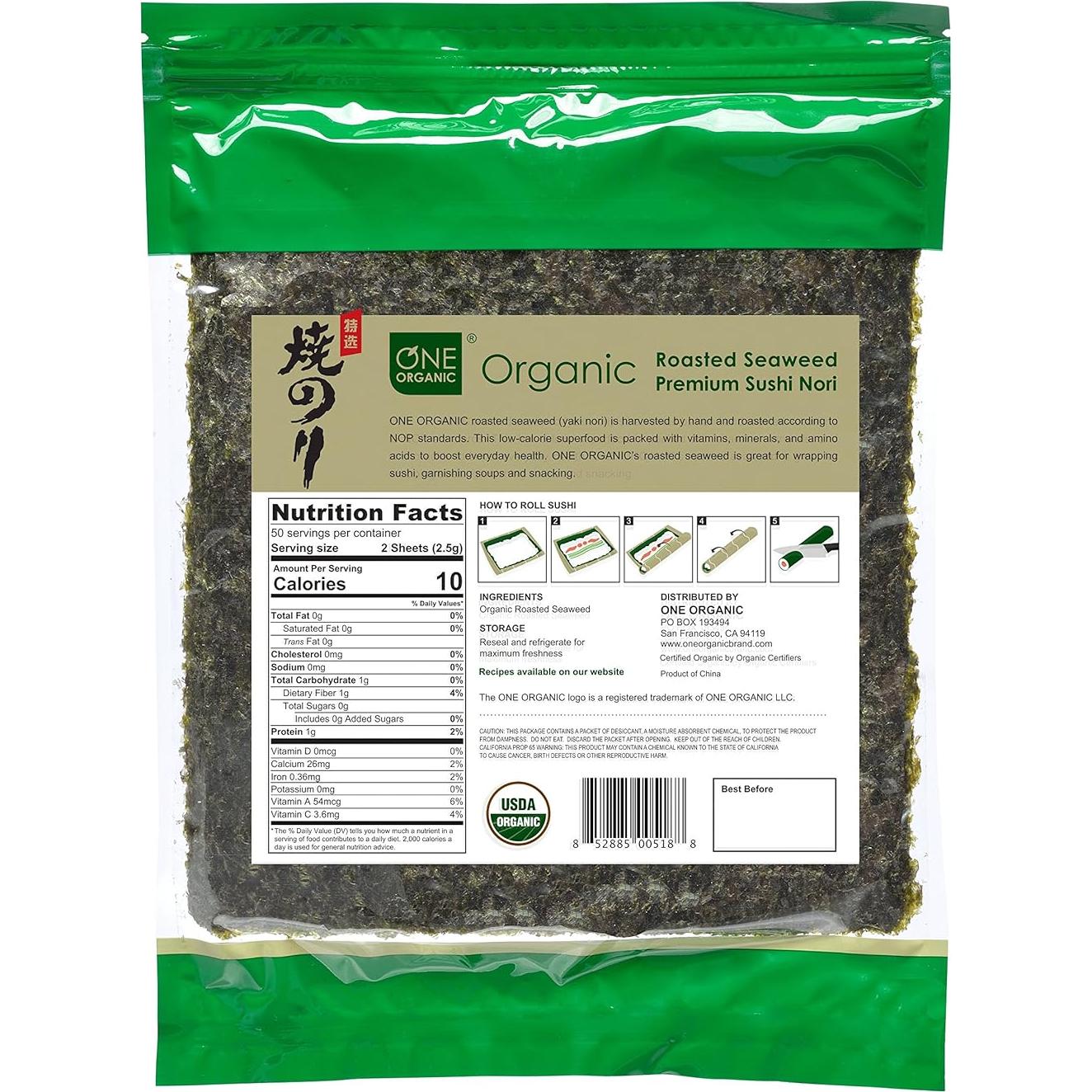 Nori Orgánico Tostado ONE ORGANIC 50 Hojas 127g Sushi