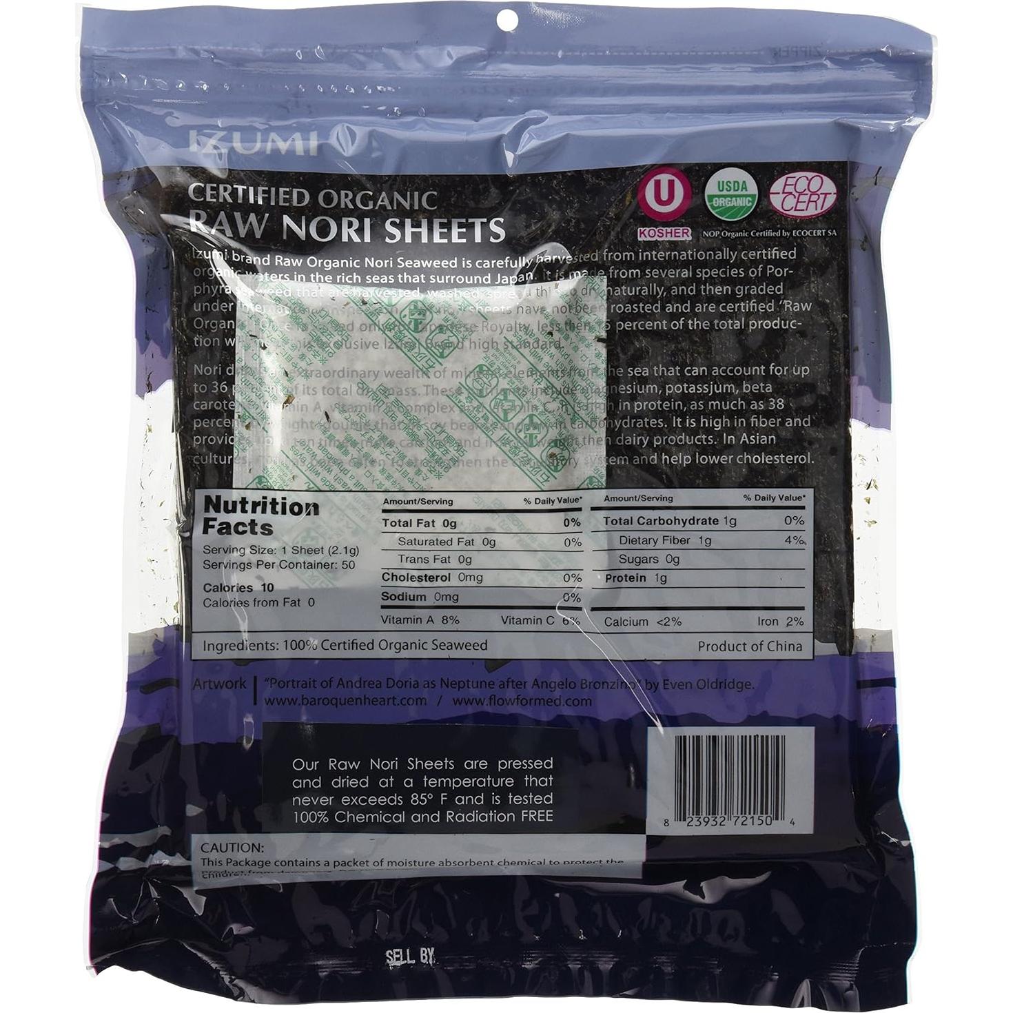 Hojas de Nori Orgánico Crudo RawNori - 100 Unidades - Vegano y Kosher