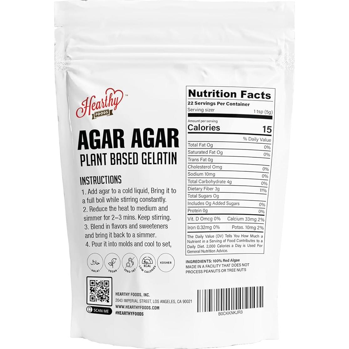 Polvo de Agar Agar Hearthy Foods 113.4g Vegano Sin Gluten