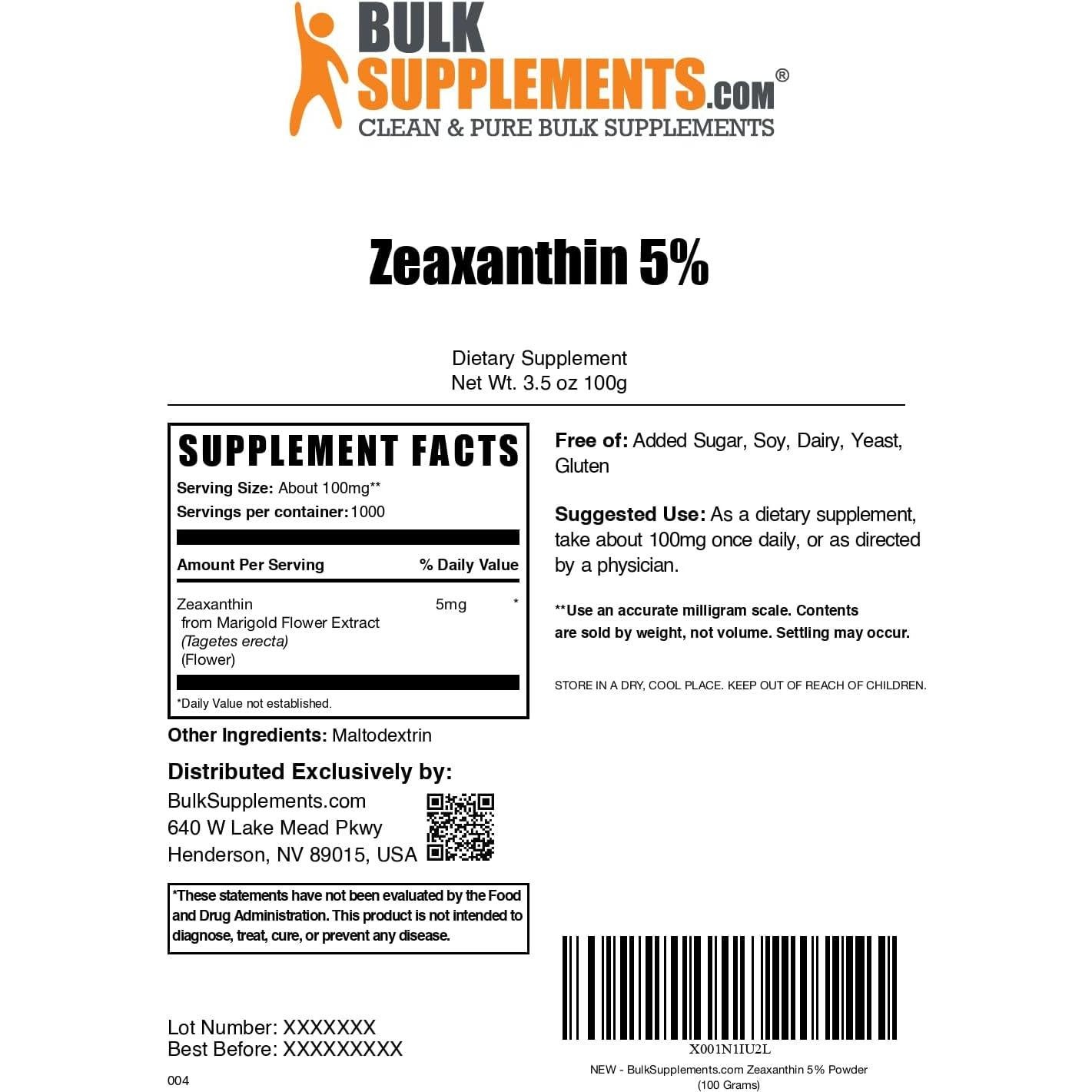 Polvo de Zeaxantina BulkSupplements 100g - Sin Gluten, 5mg/porción