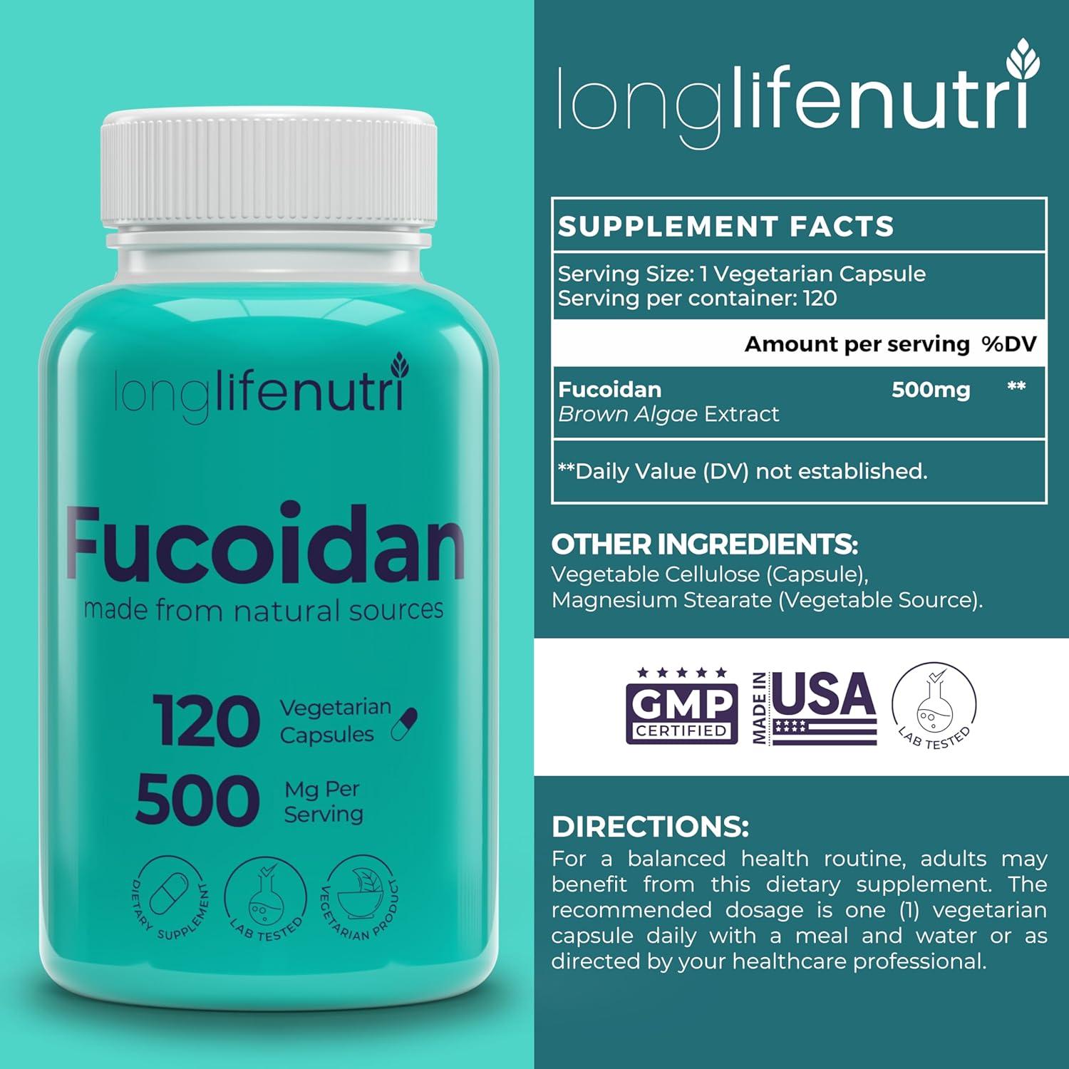 Suplemento Fucoidan 500mg LongLifeNutri 120 Cápsulas Veganas