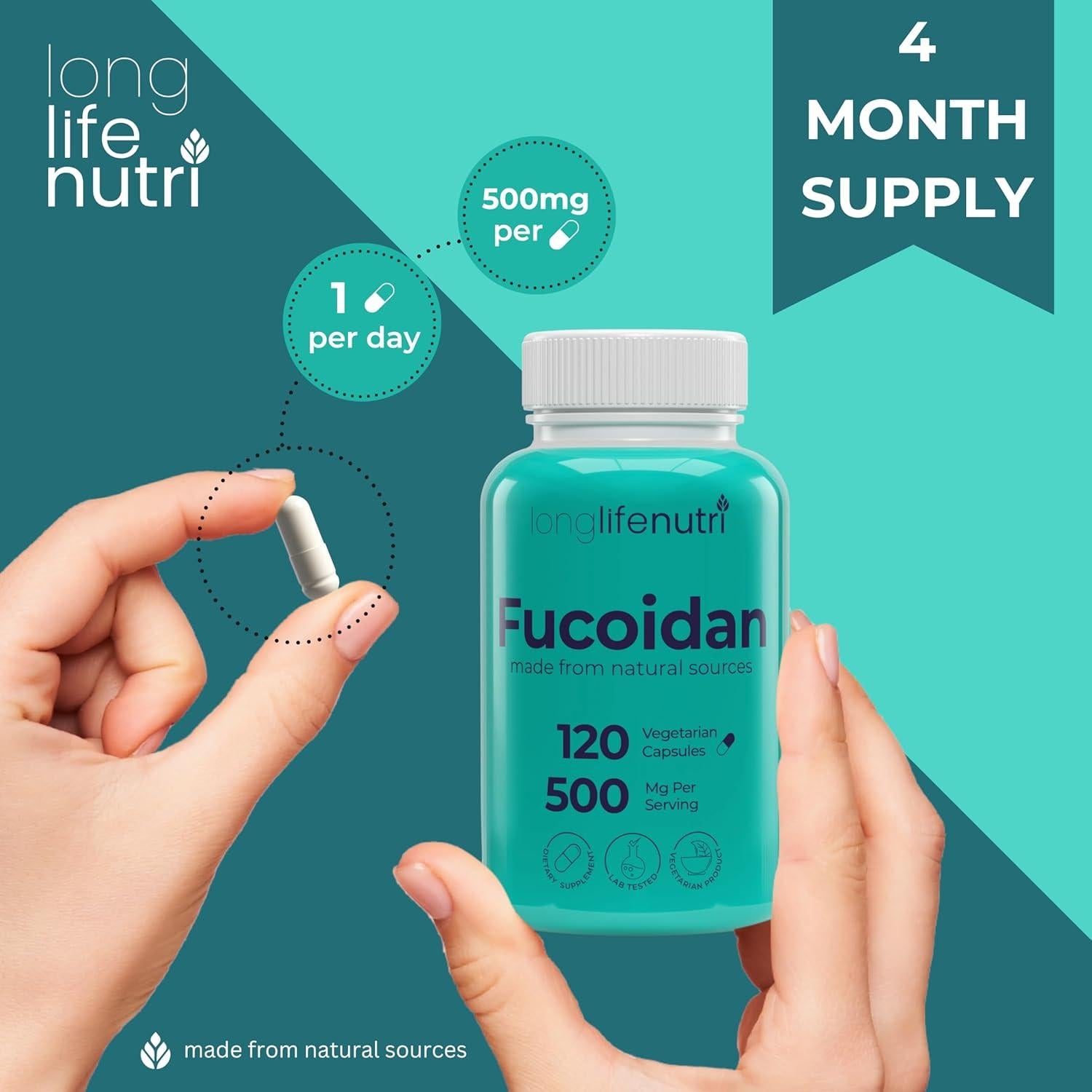 Suplemento Fucoidan 500mg LongLifeNutri 120 Cápsulas Veganas