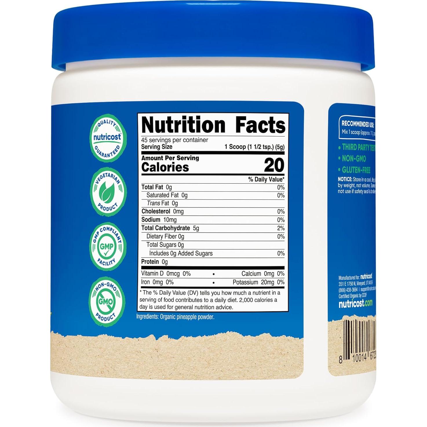 Polvo de Piña Orgánico Nutricost 226.8 g - Certificado USDA