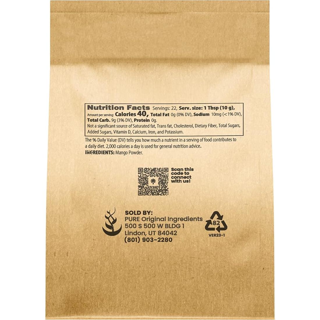 Polvo de Mango Orgánico Ingredientes Originales 226.8g Vegano