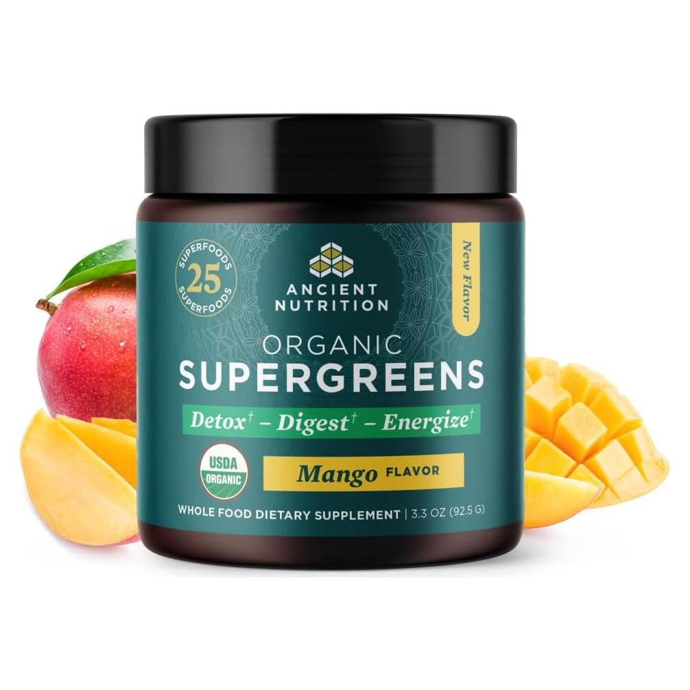 Polvo SuperGreens Orgánico Nutrición Antigua Sabor Mango 12 Porciones