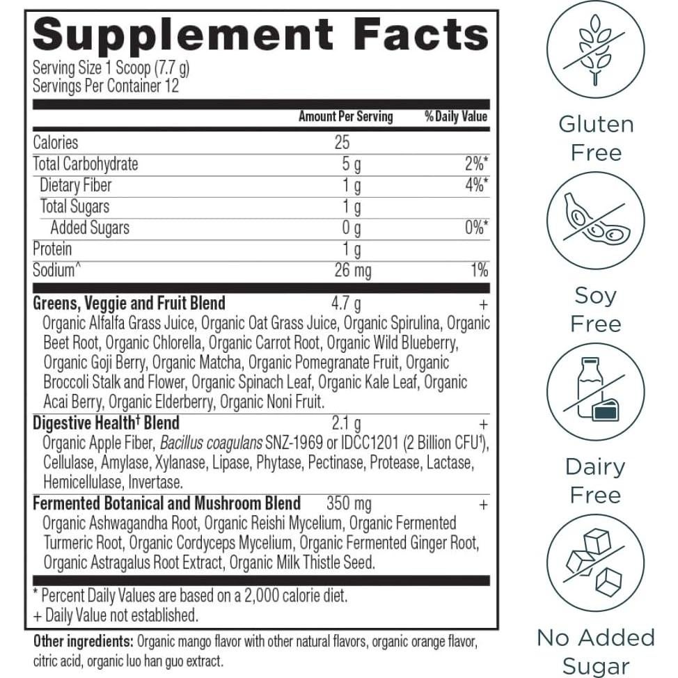 Polvo SuperGreens Orgánico Nutrición Antigua Sabor Mango 12 Porciones