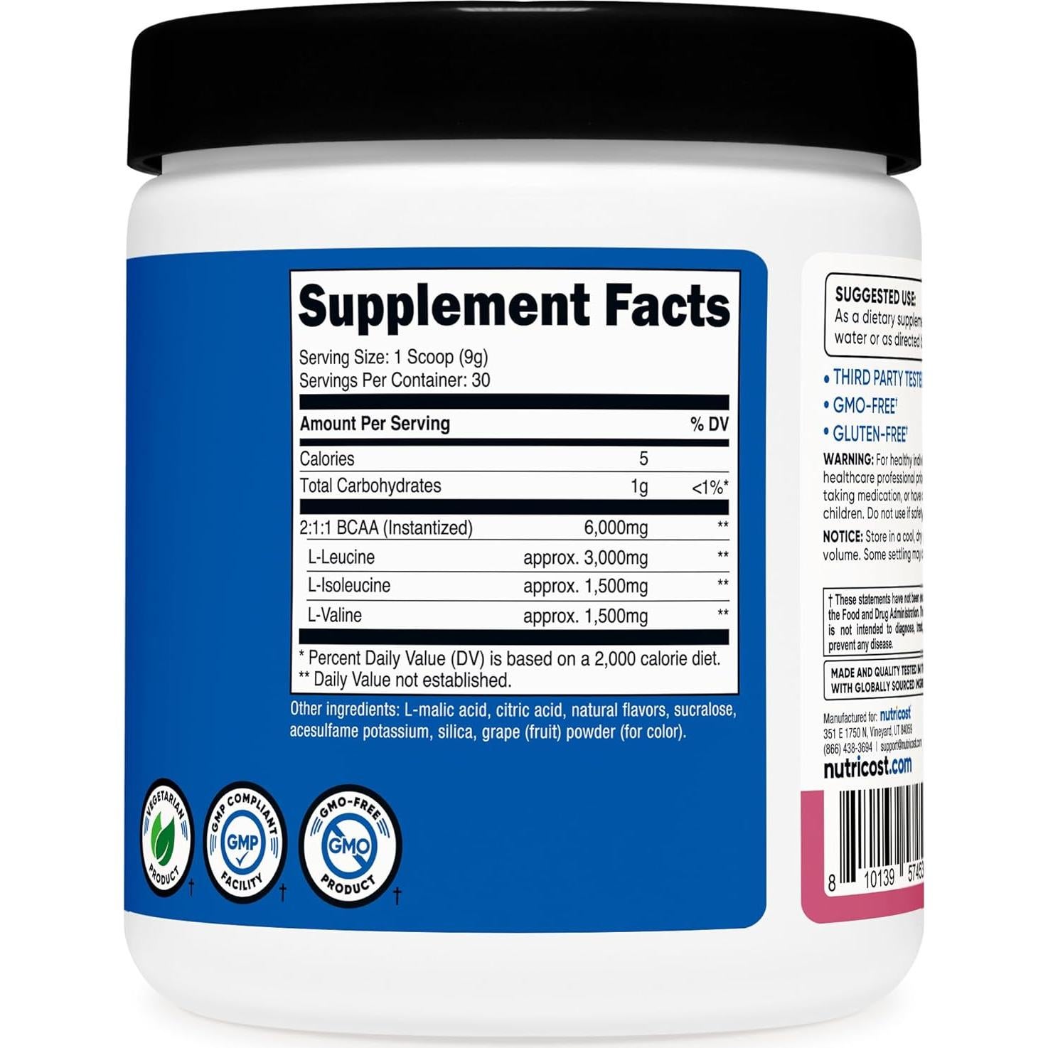 Polvo de BCAA Nutricost 2:1:1 Sabor Granada Guayaba 30 Porciones