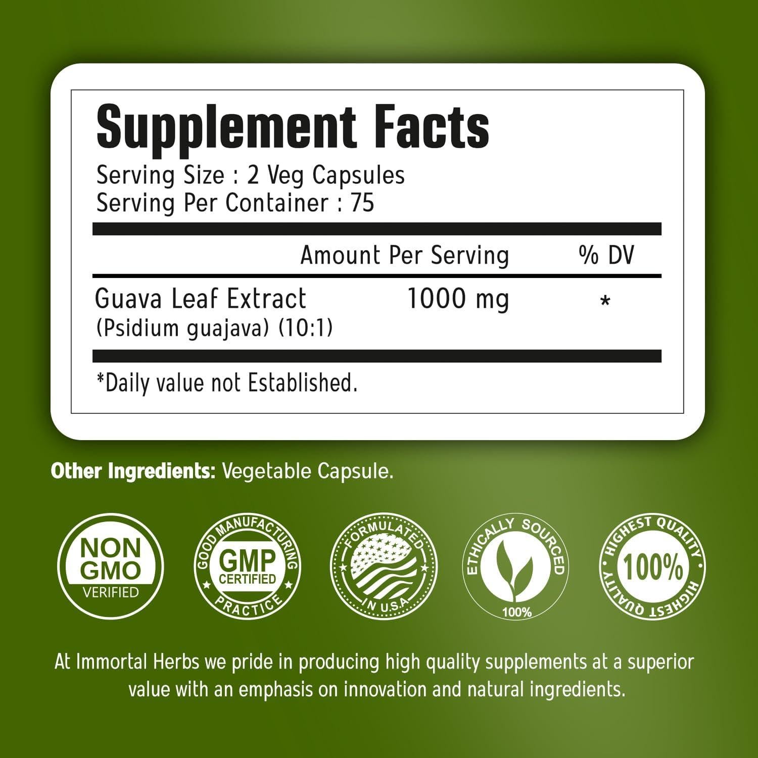 Cápsulas de Extracto de Hoja de Guayaba 1000mg Immortal Herbs