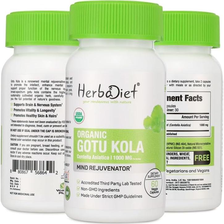 Polvo de Centella Asiática Gotu Kola Herbadiet 120 Cápsulas