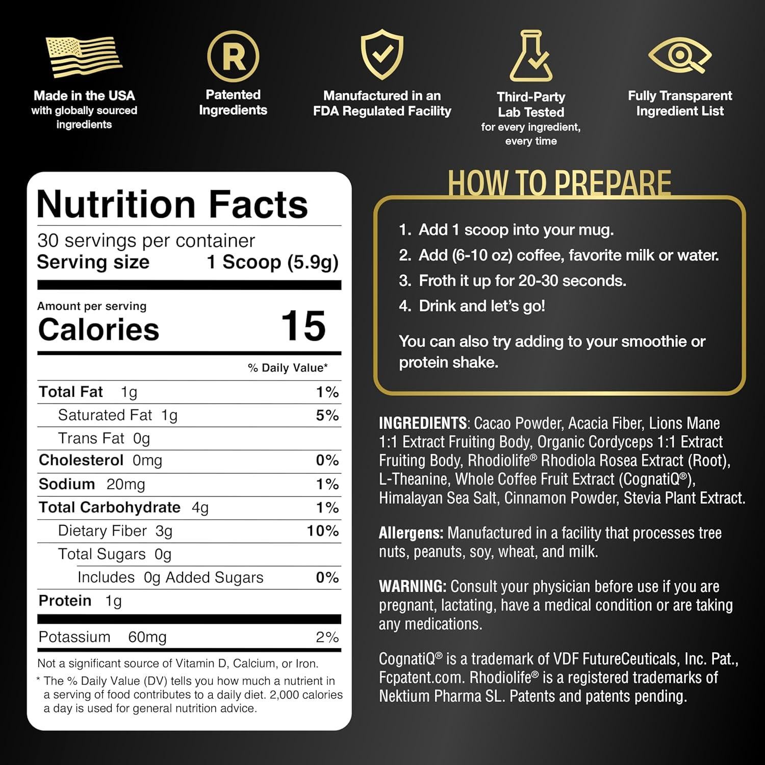 Mejora del Café de Hongo Mindright - 30 Porciones Sin Cafeína