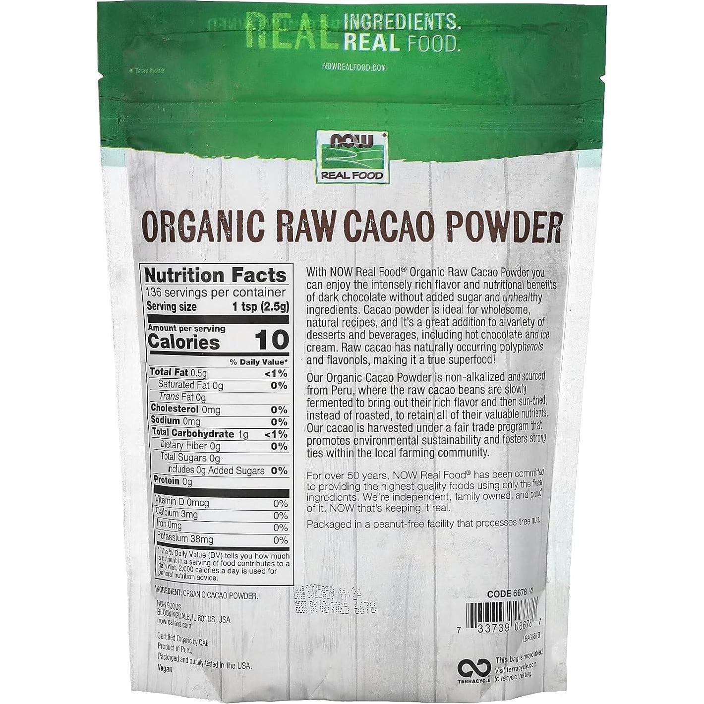 Polvo de Cacao Crudo Orgánico NOW Foods 340g Sabor Rico