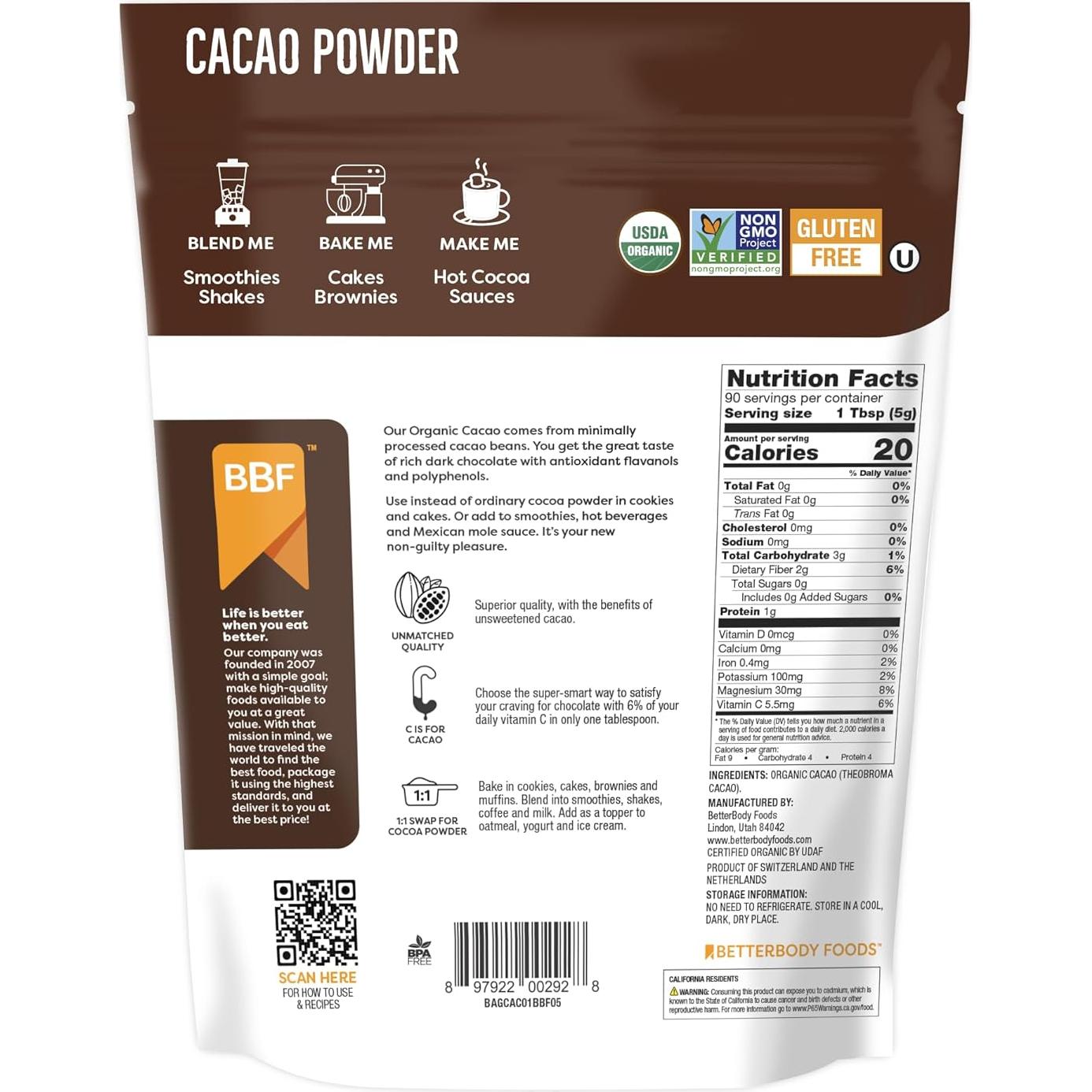 Cacao en Polvo Orgánico MejorCuerpo 0.45 kg Sin Gluten