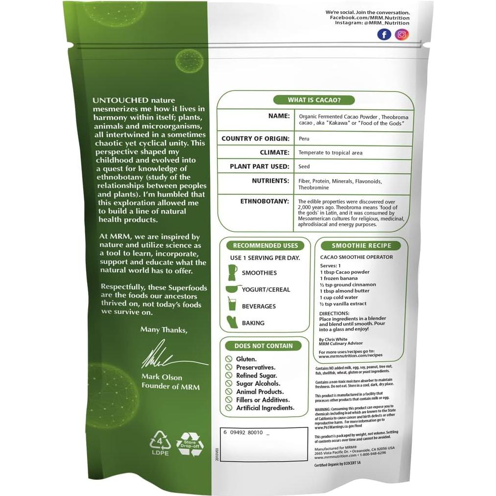 Polvo de Cacao Fermentado Orgánico MRM | 240g | Antioxidantes