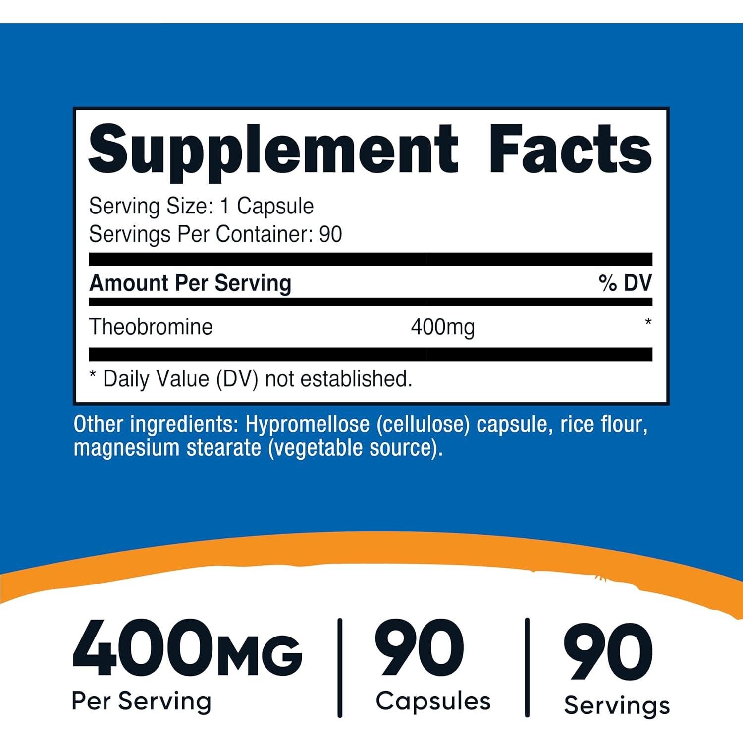 Teobromina Nutricost 400mg 90 Cápsulas Vegetarianas Sin Gluten