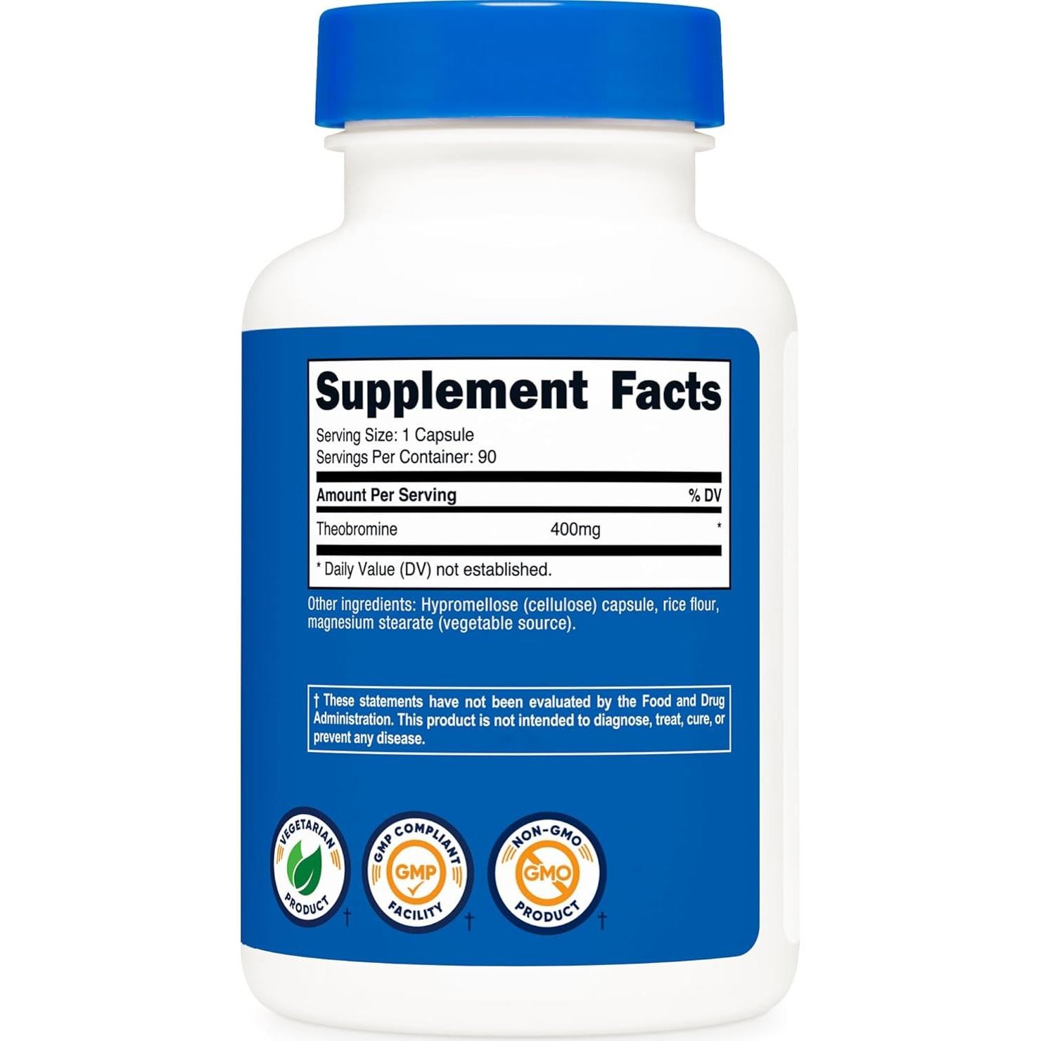 Teobromina Nutricost 400mg 90 Cápsulas Vegetarianas Sin Gluten