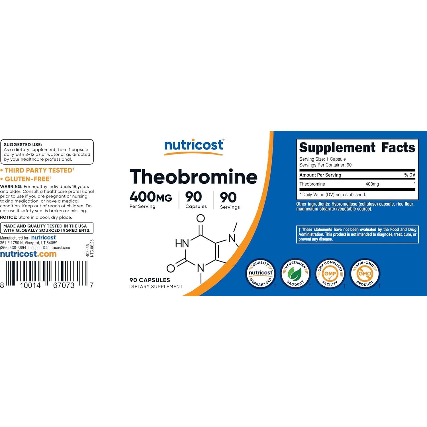 Teobromina Nutricost 400mg 90 Cápsulas Vegetarianas Sin Gluten