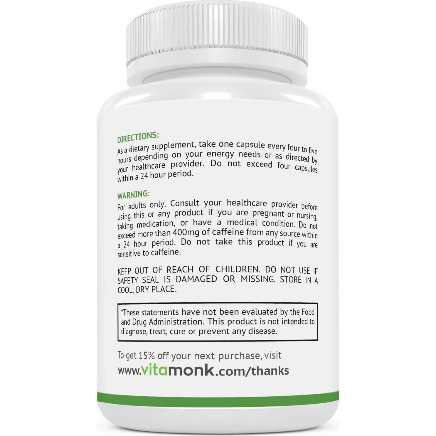 Cápsulas de Cafeína y Teanina VitaMonk - 25mg - 60 Caps