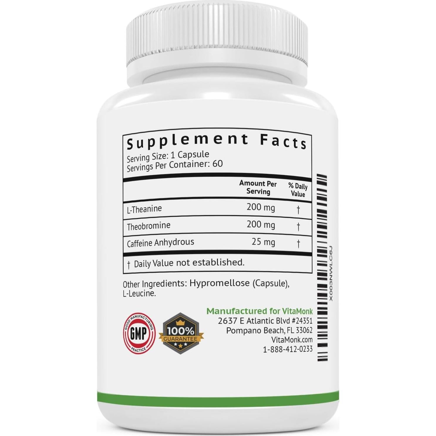 Cápsulas de Cafeína y Teanina VitaMonk - 25mg - 60 Caps