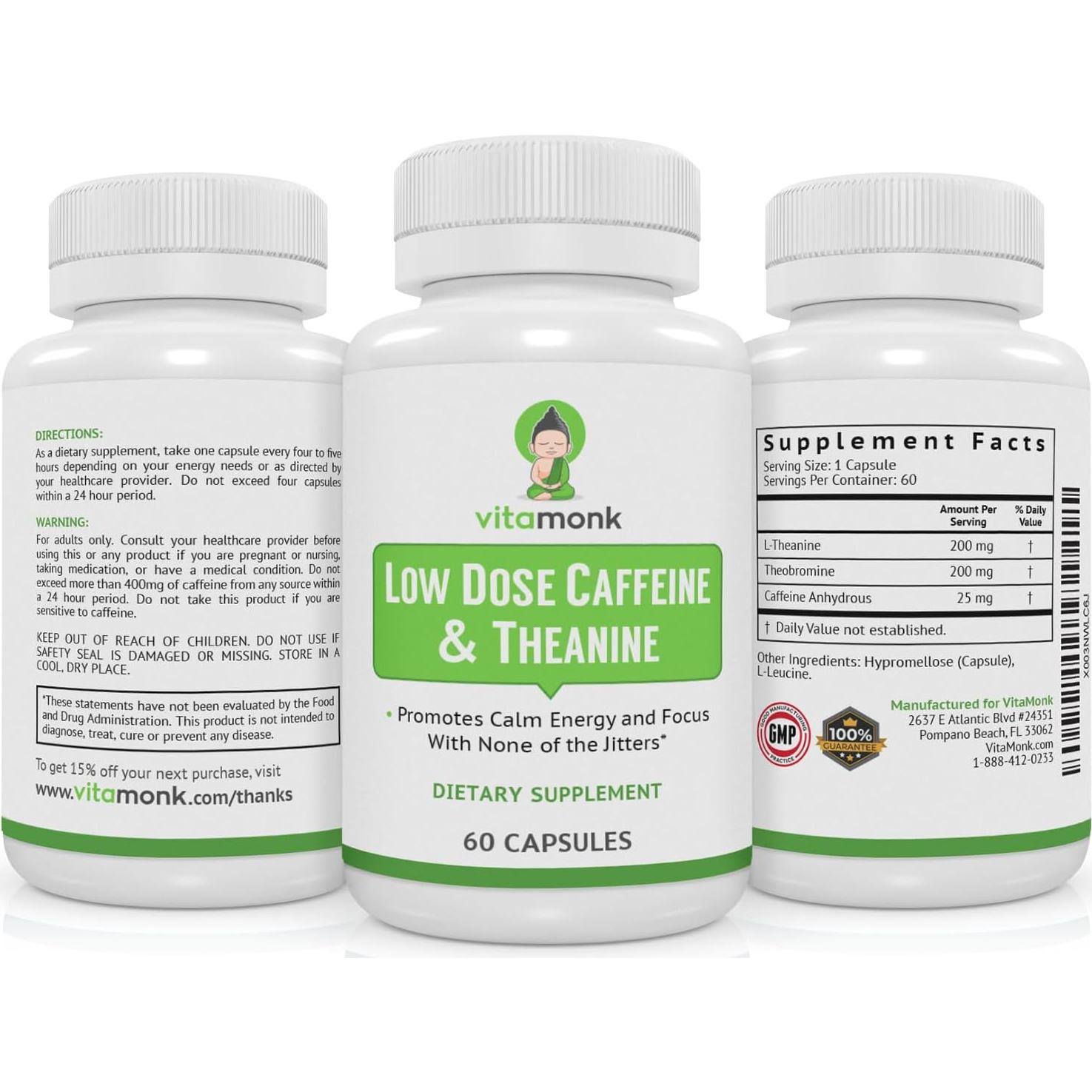 Cápsulas de Cafeína y Teanina VitaMonk - 25mg - 60 Caps