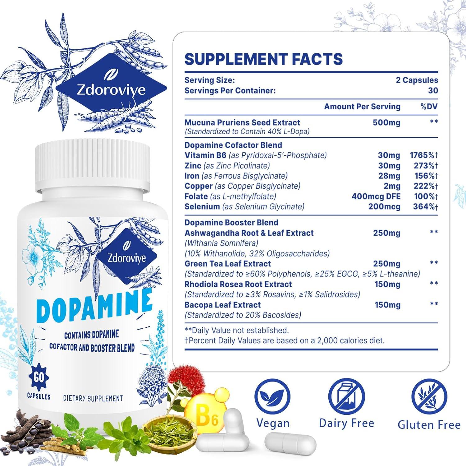 Suplemento de Dopamina Zdoroviye 500mg - 60 Cápsulas (2 Paquete)