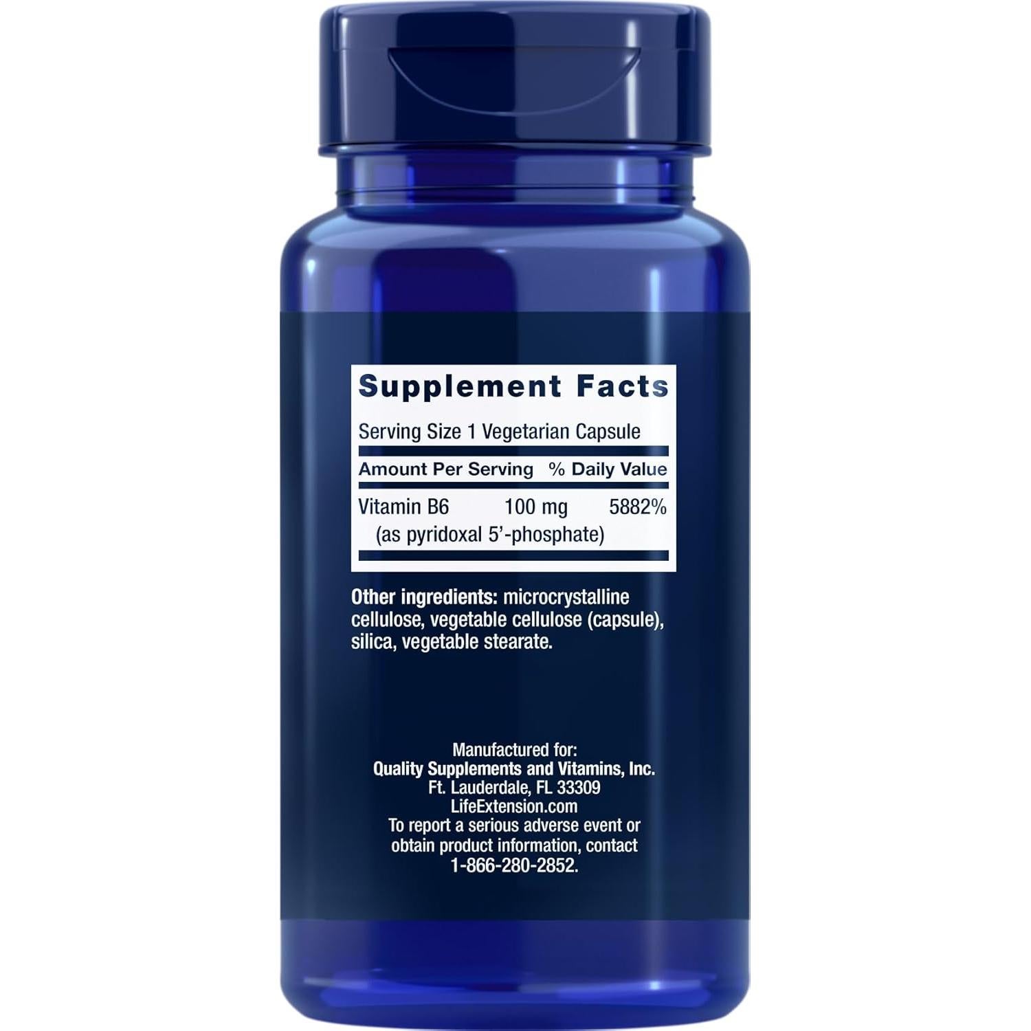 Suplemento de Vitamina B6 Life Extension P5P 100 mg 90 Cápsulas Veganas